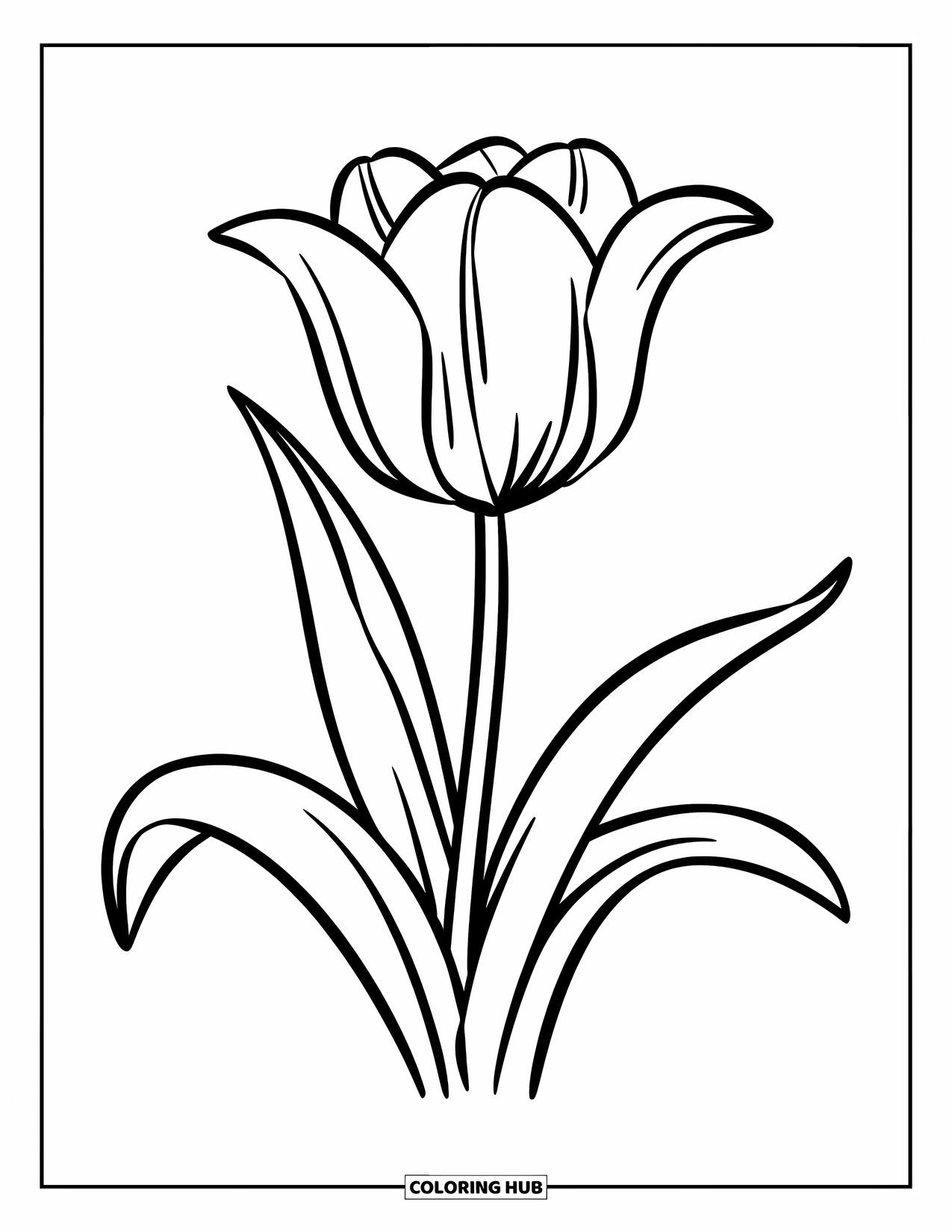 Dibujo de flores para colorear para niños: Un solo tulipán de pie con pétalos suaves y dos hojas