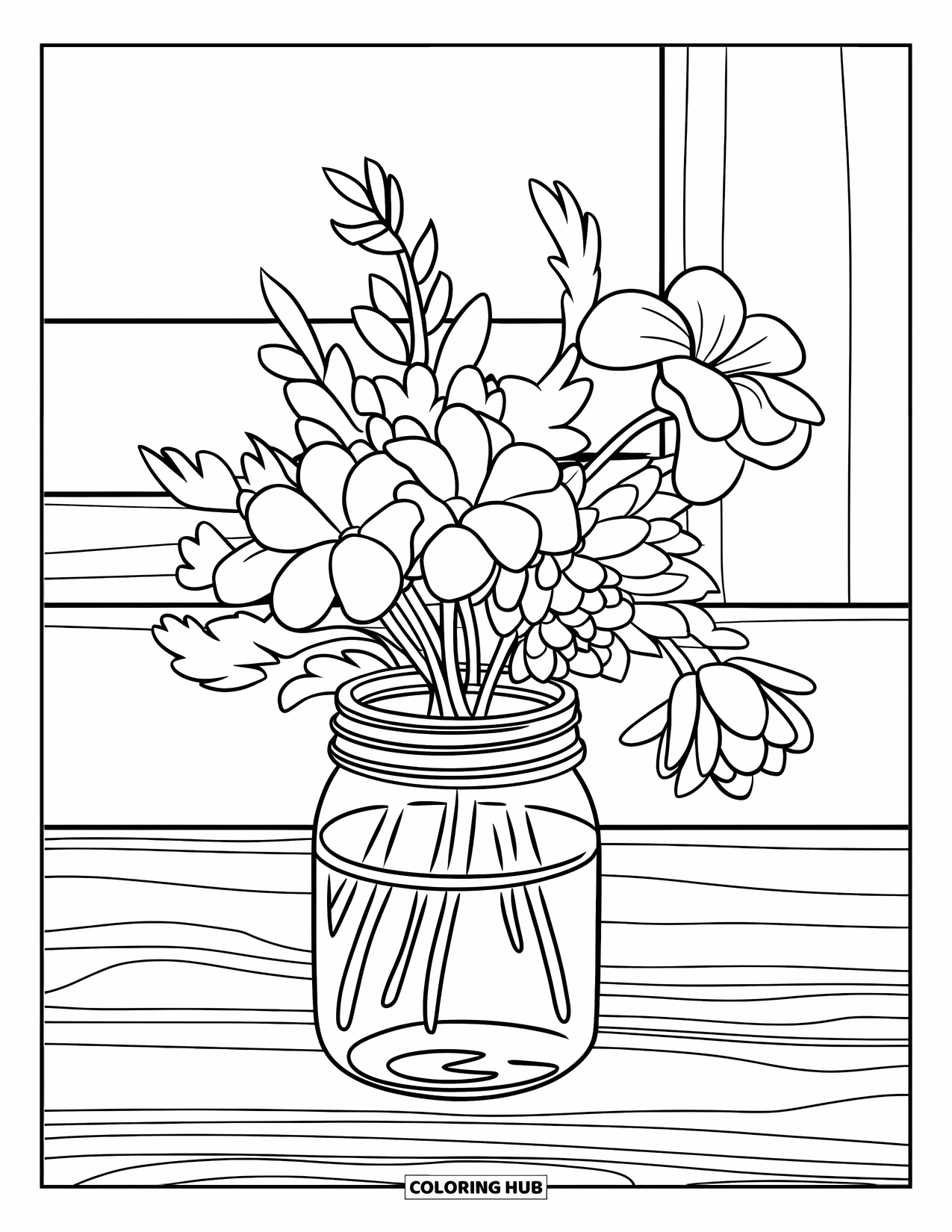 Dibujo de flores para colorear para niños: Un pequeño tarro de cristal lleno de flores se sienta sobre una superficie de madera con un fondo limpio y despejado