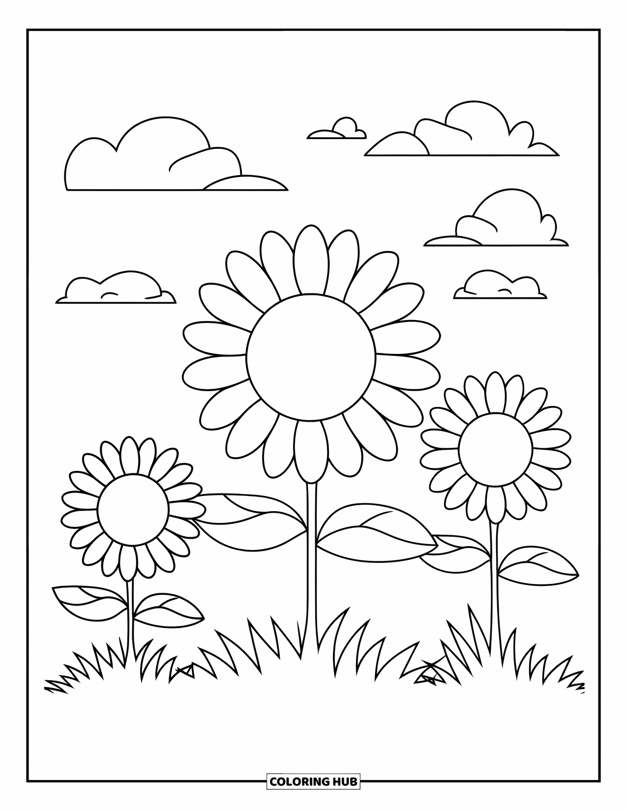 Dibujo de flores para colorear para niños: Un campo de girasoles con tres grandes flores y pequeñas nubes en el cielo, dibujado con contornos audaces