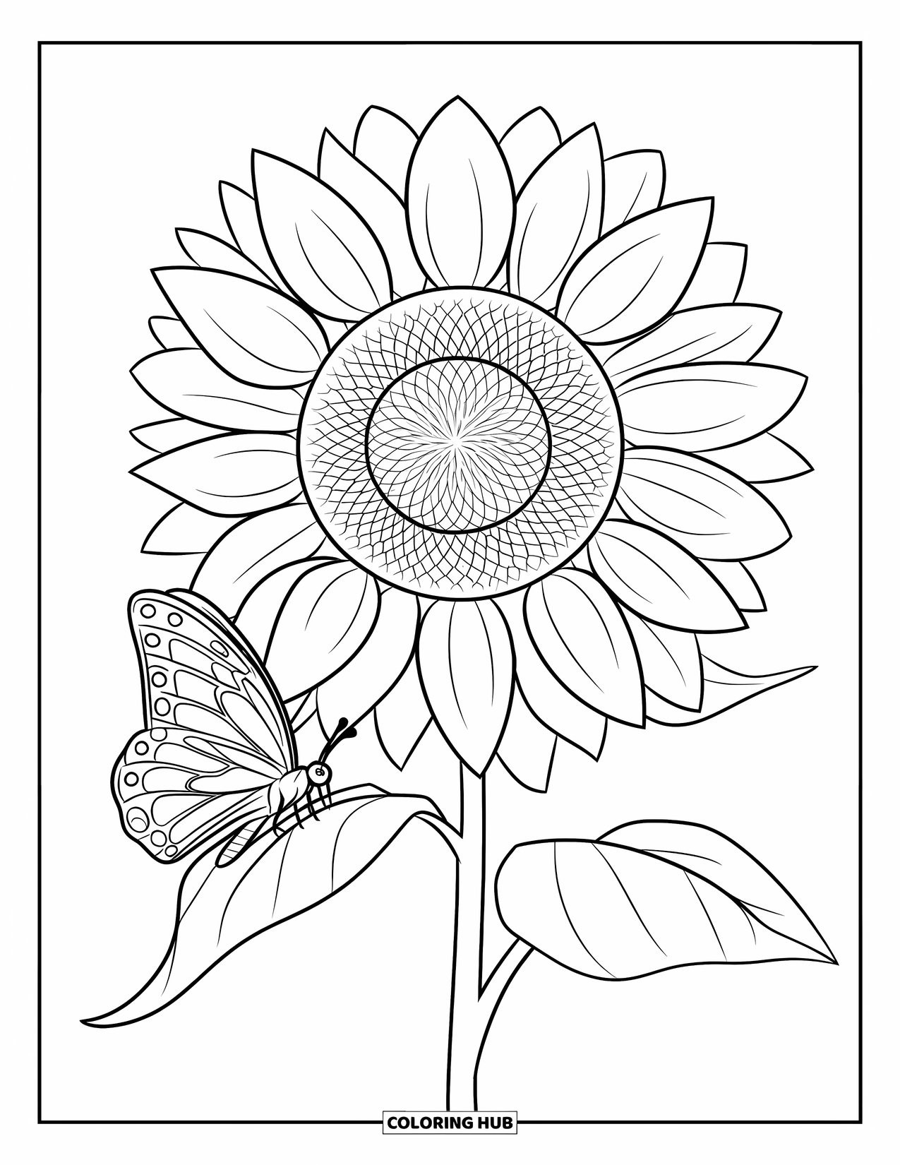 Dibujo de flores para colorear para niños: Un girasol con pétalos en capas, de pie mientras una mariposa descansa cerca