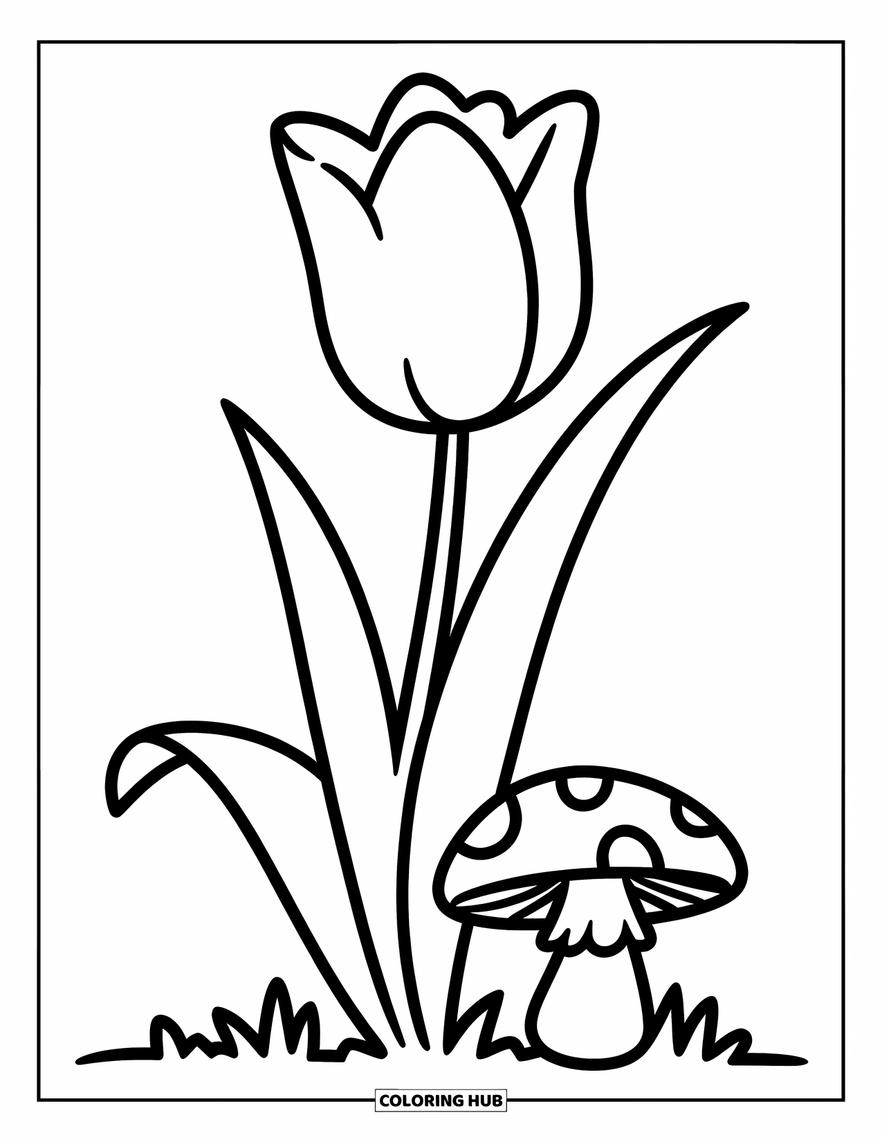 Dibujo de flores para colorear para niños: Un tulipán alto con un tallo elegante y un hongo con un sombrero redondeado