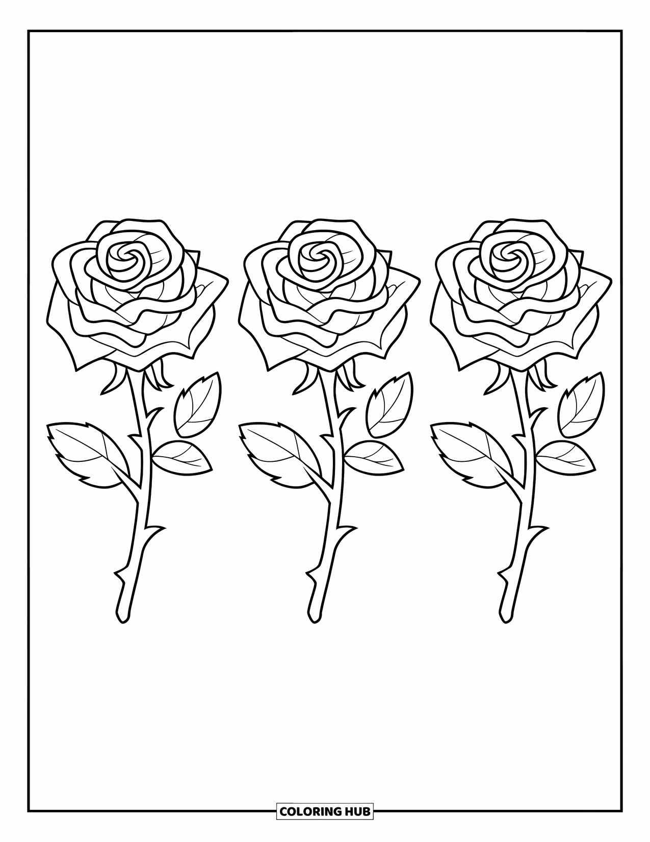 Dibujo de flores para colorear para niños: Un trío de rosas en flor, dispuestas cuidadosamente con pétalos suaves y curvos