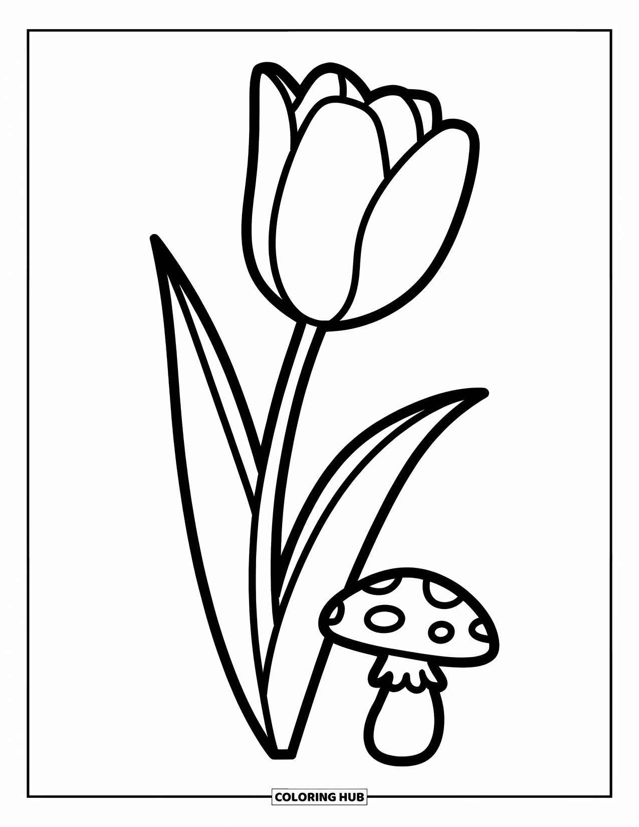 Dibujo de flores para colorear para niños: Un tulipán con un tallo largo de pie junto a un pequeño hongo