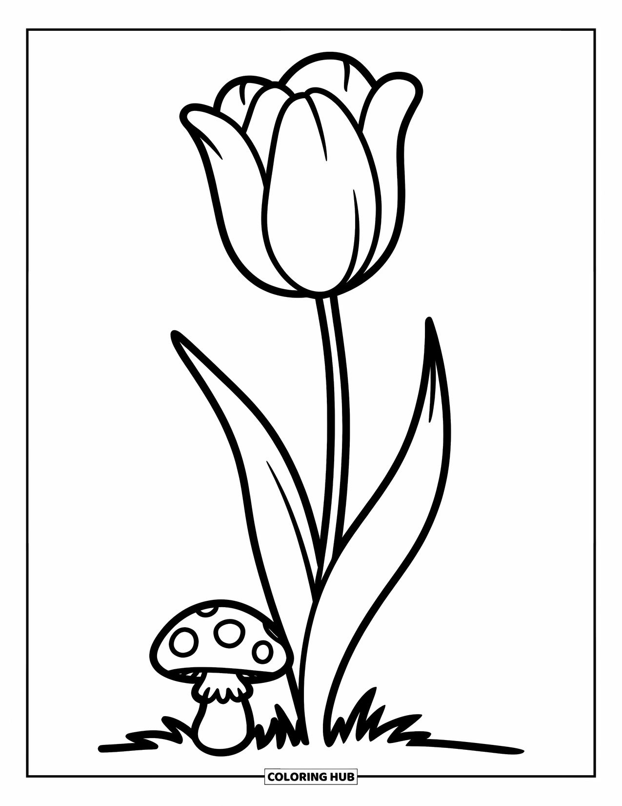 Dibujo de flores para colorear para niños: Un tulipán con pétalos suaves que crece junto a un pequeño hongo