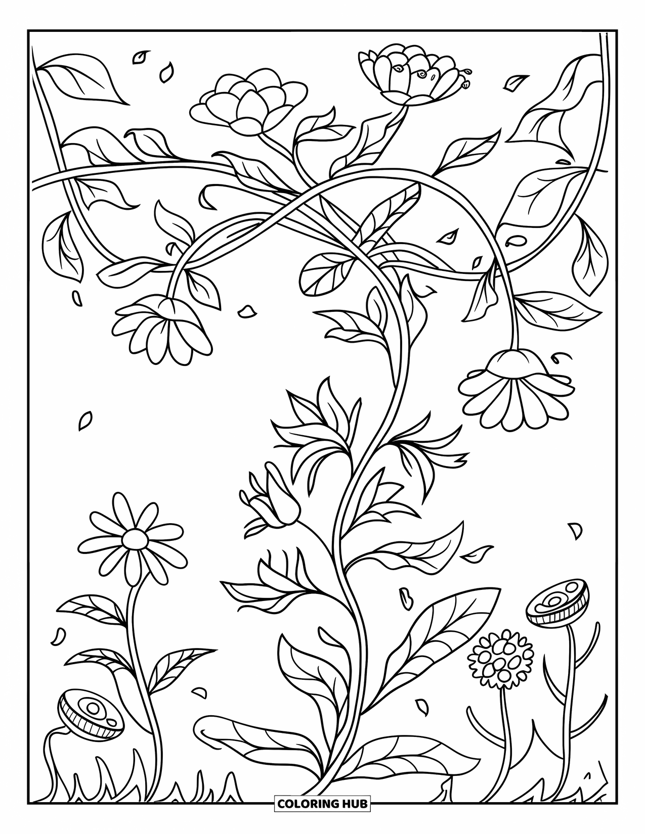 Dibujo de flores para colorear para niños: Una enredadera retorcida llena de diferentes flores, dibujada con contornos limpios y audaces