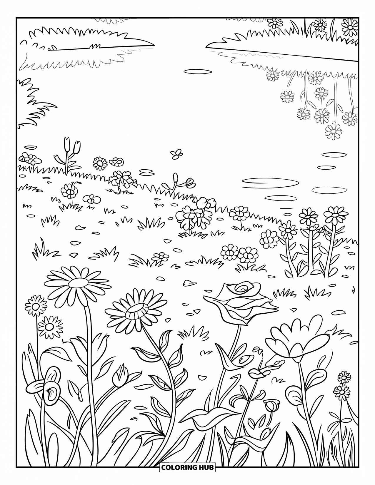 Dibujo de flores para colorear para niños: Una variedad de flores silvestres florecen en un campo ventoso cerca de un lago tranquilo, reflejando sus delicados pétalos