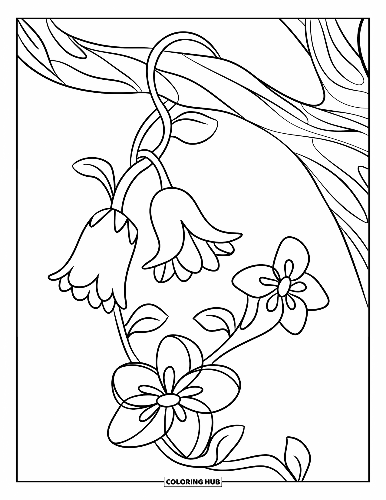 Dibujo de flores para colorear para niños: Una enredadera con flores en forma de campana, trompeta y estrella que se enrosca alrededor de la rama de un árbol