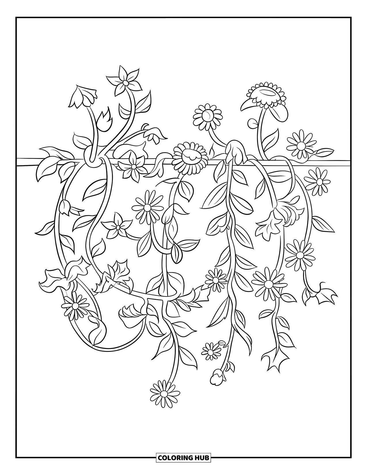 Dibujo de flores para colorear para niños: Una enredadera con flores florecientes que se extiende por la página en un diseño fluido