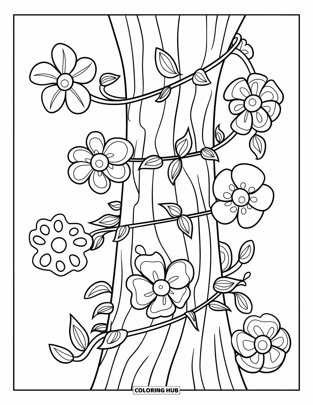 Dibujo de flores para colorear para niños: Una enredadera sinuosa envuelta alrededor del tronco de un árbol, floreciendo con flores de varias formas y tamaños