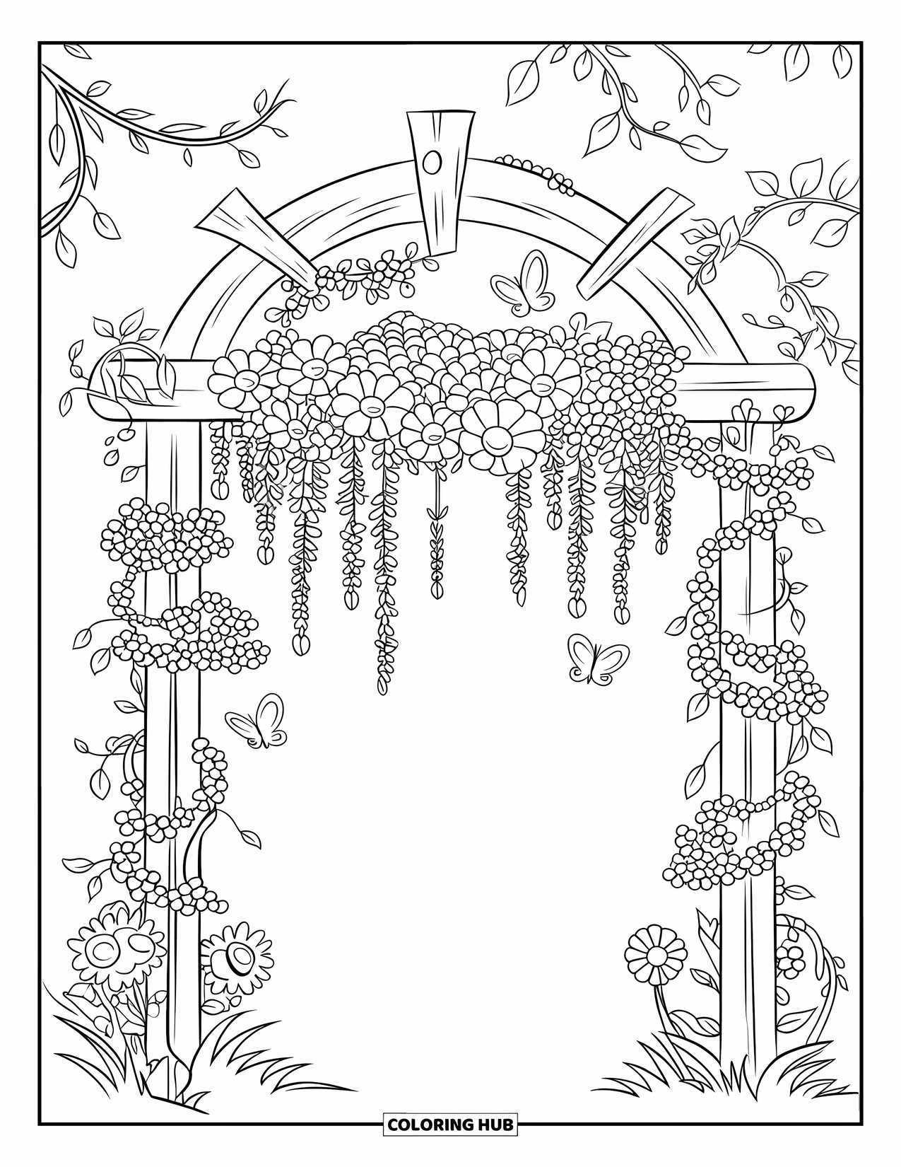 Dibujo de flores para colorear para niños: Un arco floral de madera decorado con enredaderas en flor y mariposas posadas en las flores