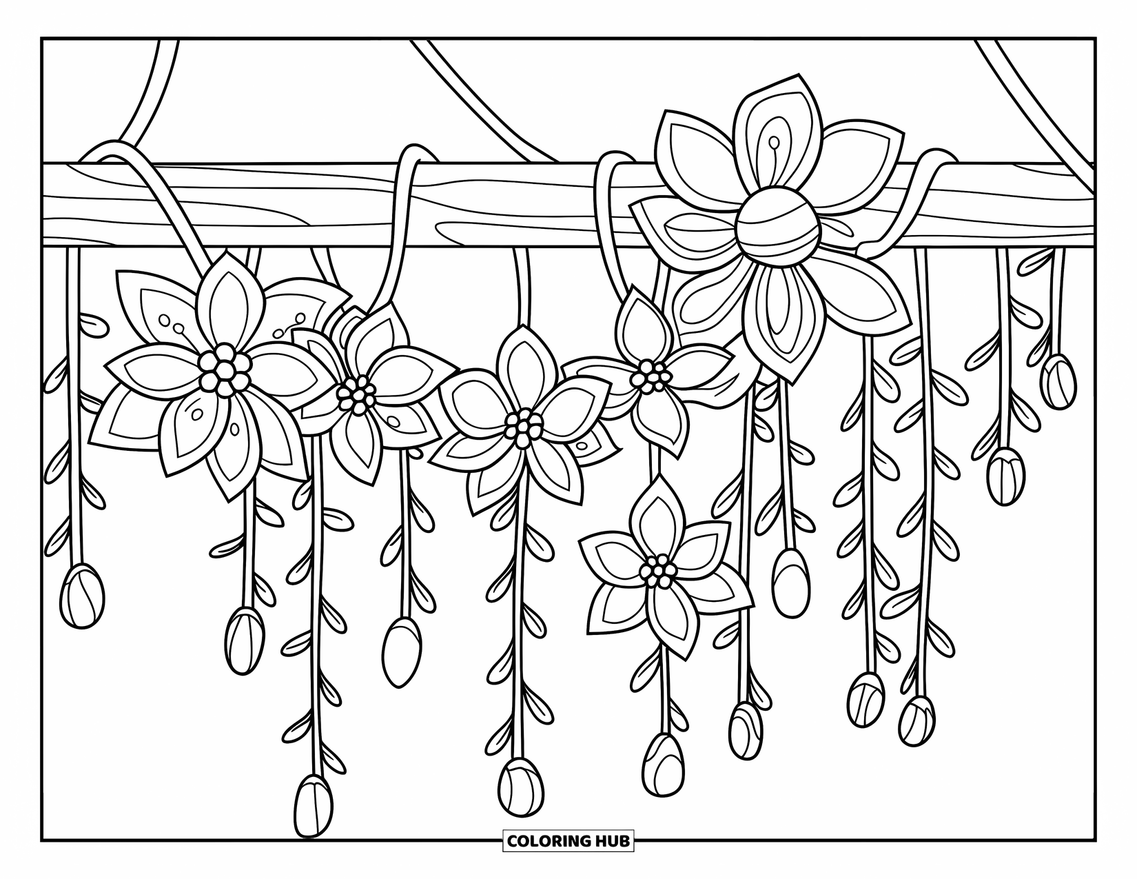 Dibujo de flores para colorear para niños: Un poste de madera está envuelto en una enredadera de flores exóticas y brotes colgantes, cada uno con formas únicas