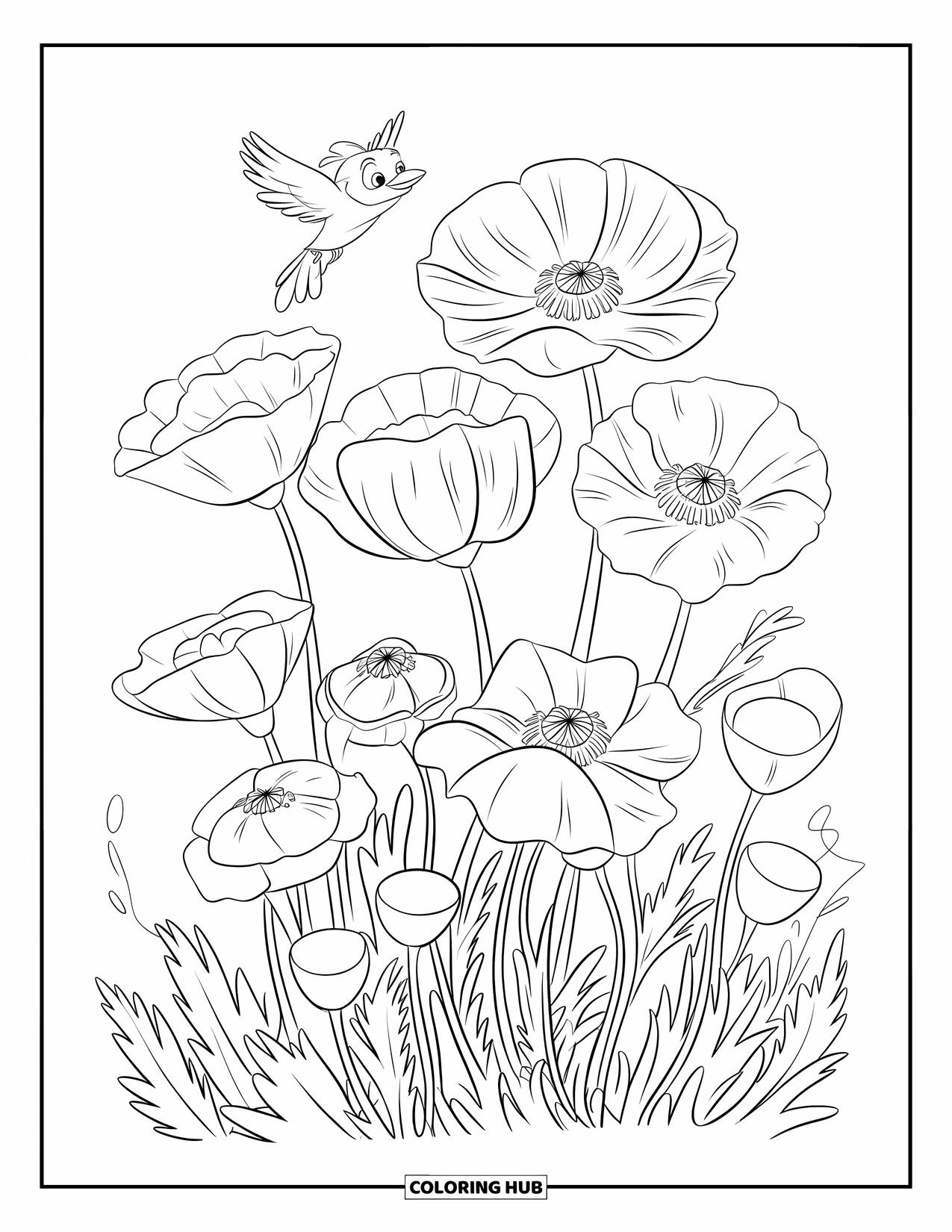 Dibujo de flores para colorear para niños: Amapolas en plena floración con un pequeño pájaro volando sobre ellas