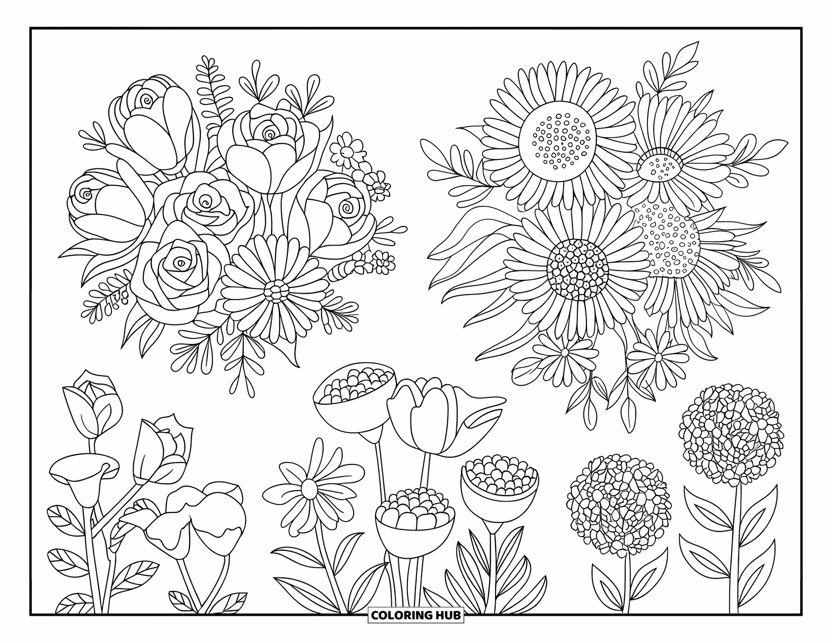 Dibujo de flores para colorear para niños: Tres ramos de flores arreglados con rosas, tulipanes, girasoles, margaritas y orquídeas en diseños únicos