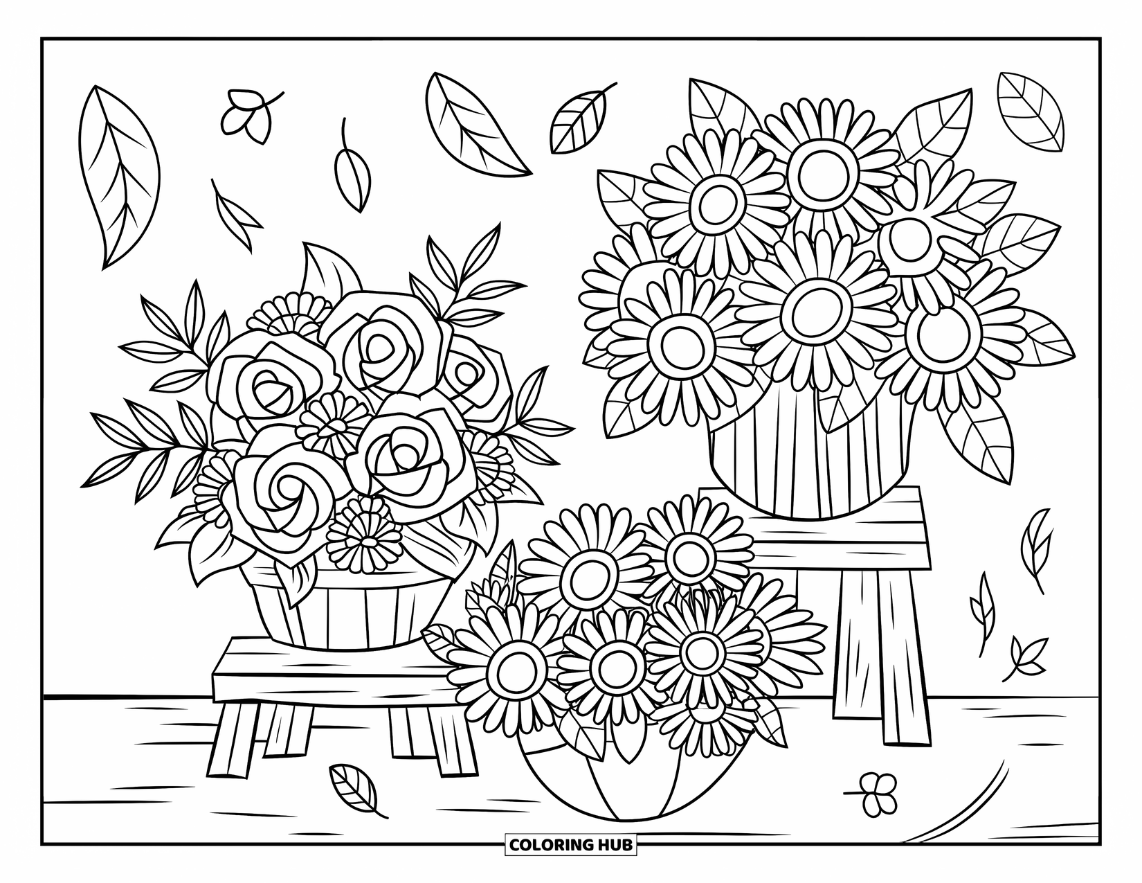 Dibujo de flores para colorear para niños: Tres ramos de flores descansan sobre un soporte rústico, con hojas dispersas que añaden un toque natural