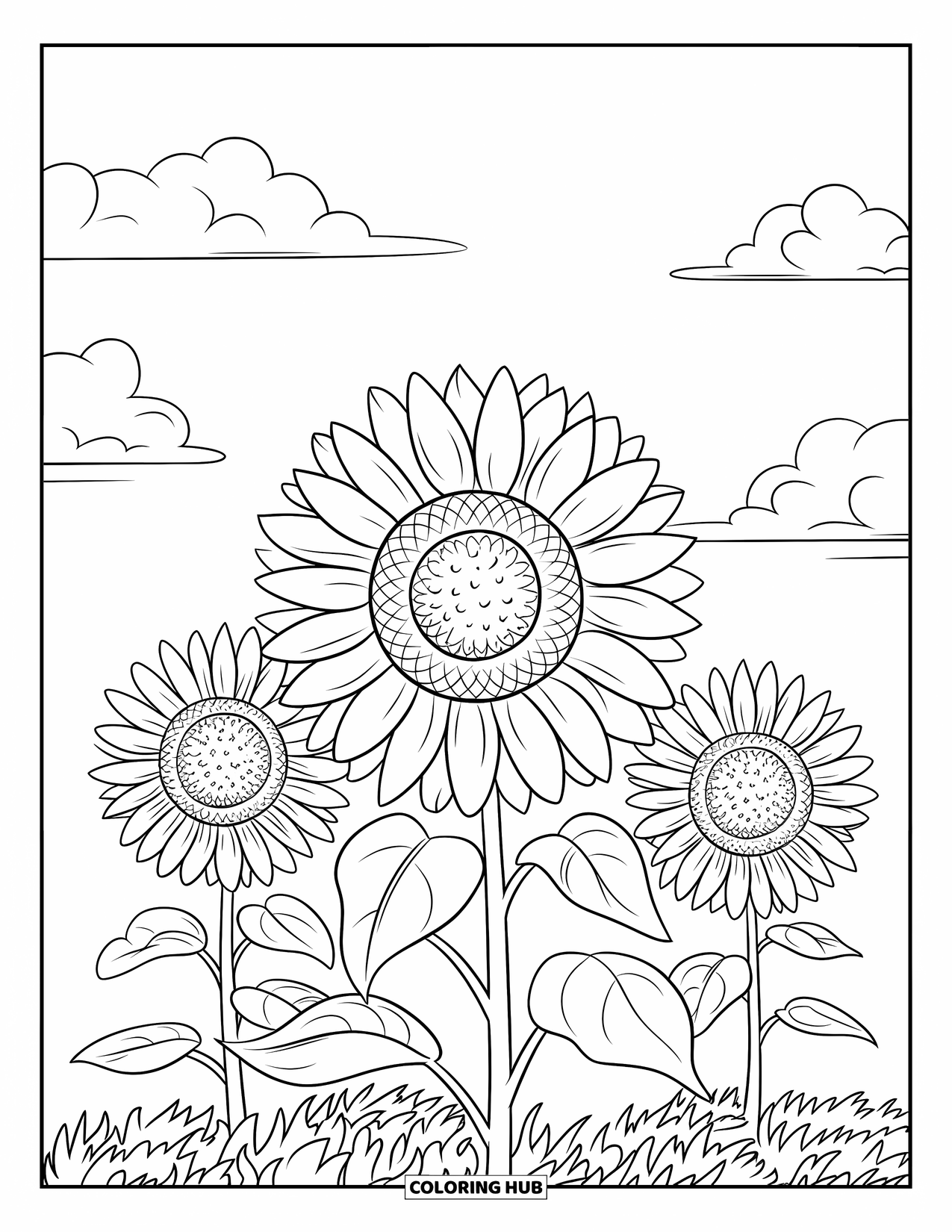 Dibujo de flores para colorear para niños: Tres girasoles florecen en un vasto campo, con montañas y una masa de agua en la distancia
