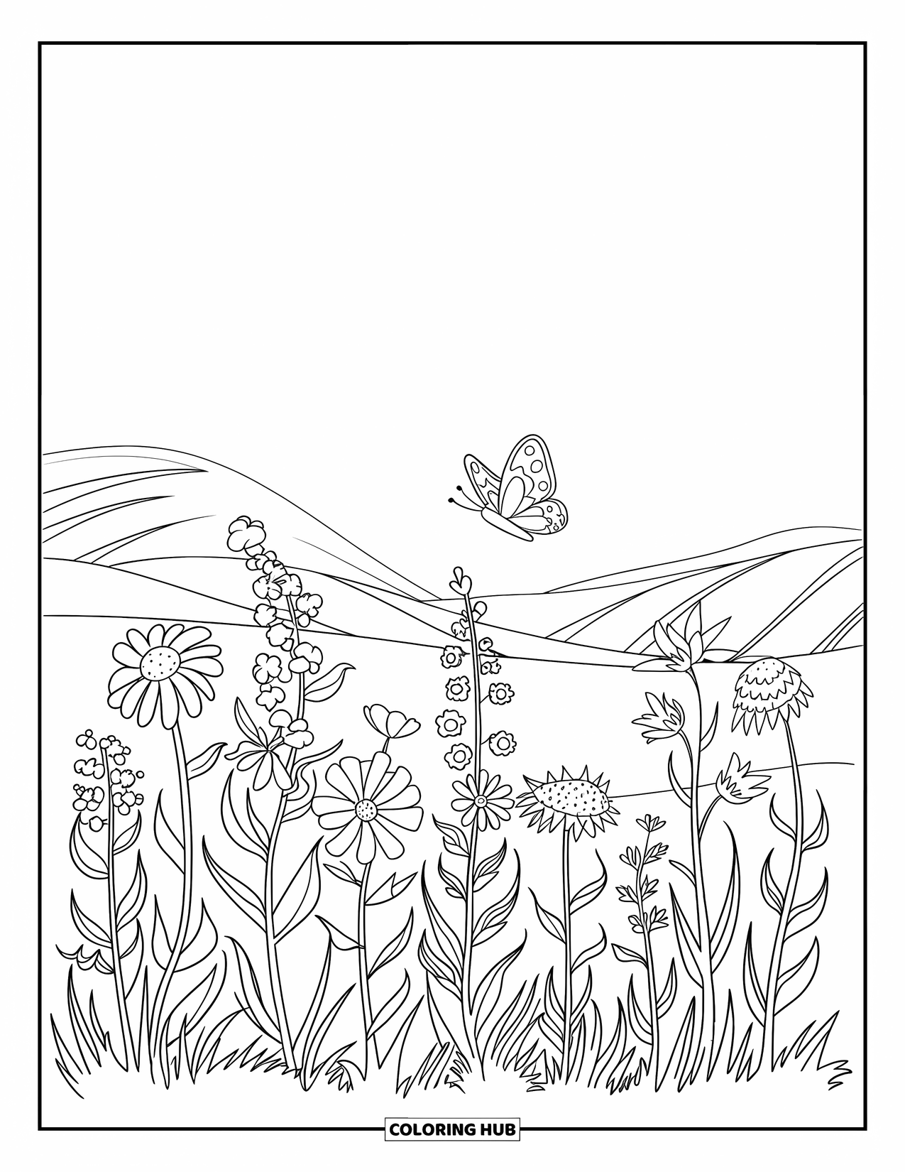 Dibujo de flores para colorear para niños: Flores silvestres de varias formas y tamaños bailan en el viento, con una mariposa volando por encima