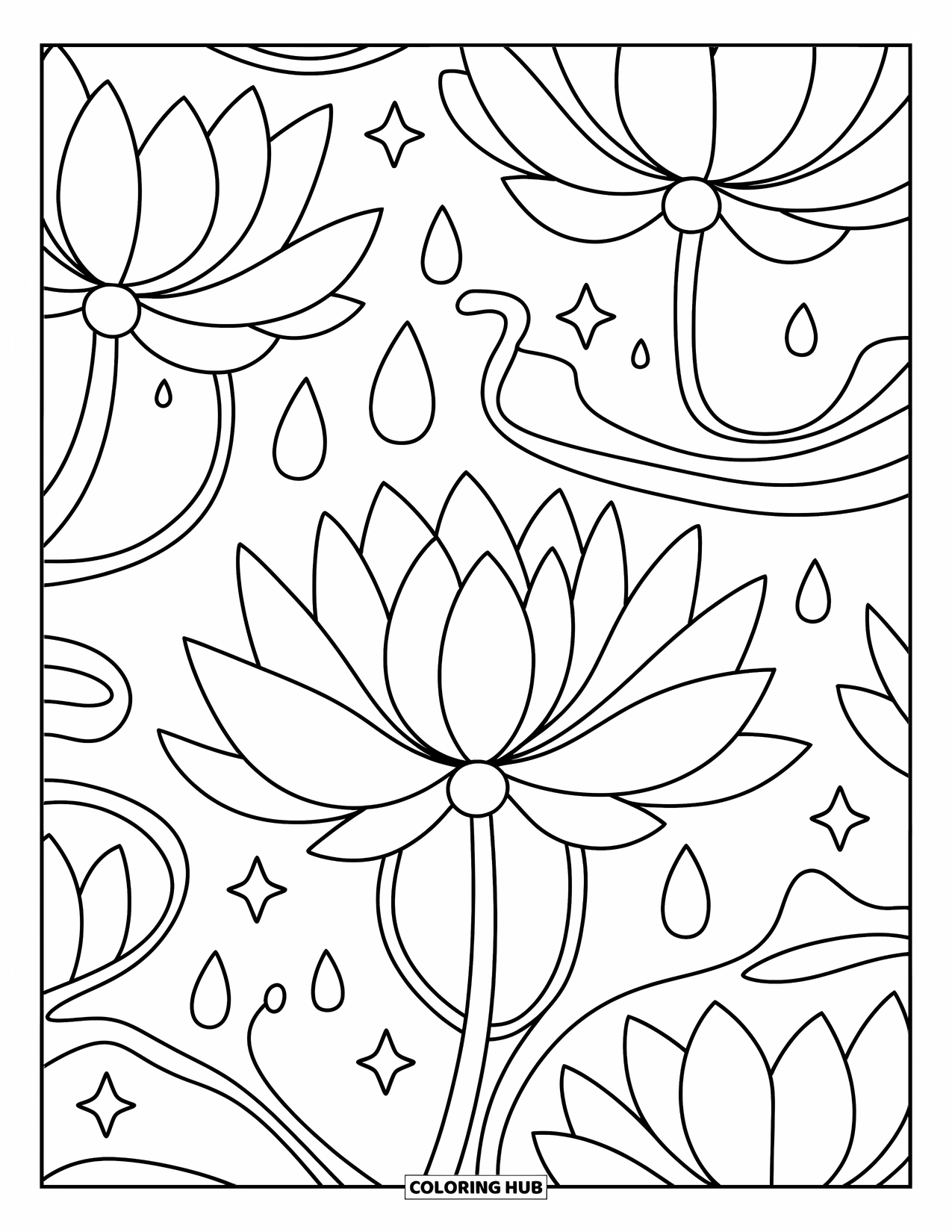 Desenho de Mandala de Flores para Colorir para Adultos: Uma mandala de lótus sonhadora brilha com pétalas, gotas e ondas suaves