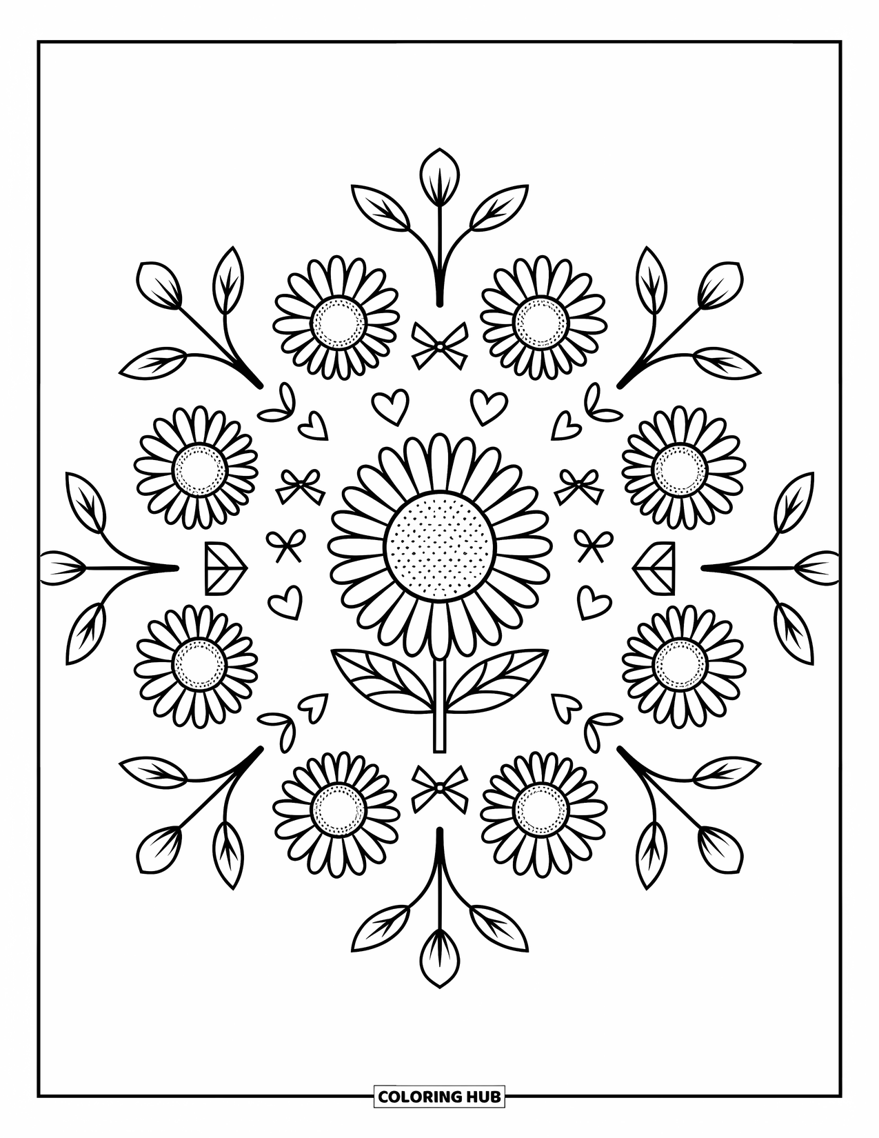 Desenho de Mandala de Flores para Colorir para Adultos: Um grande girassol brilha no centro, cercado por mini girassóis e corações