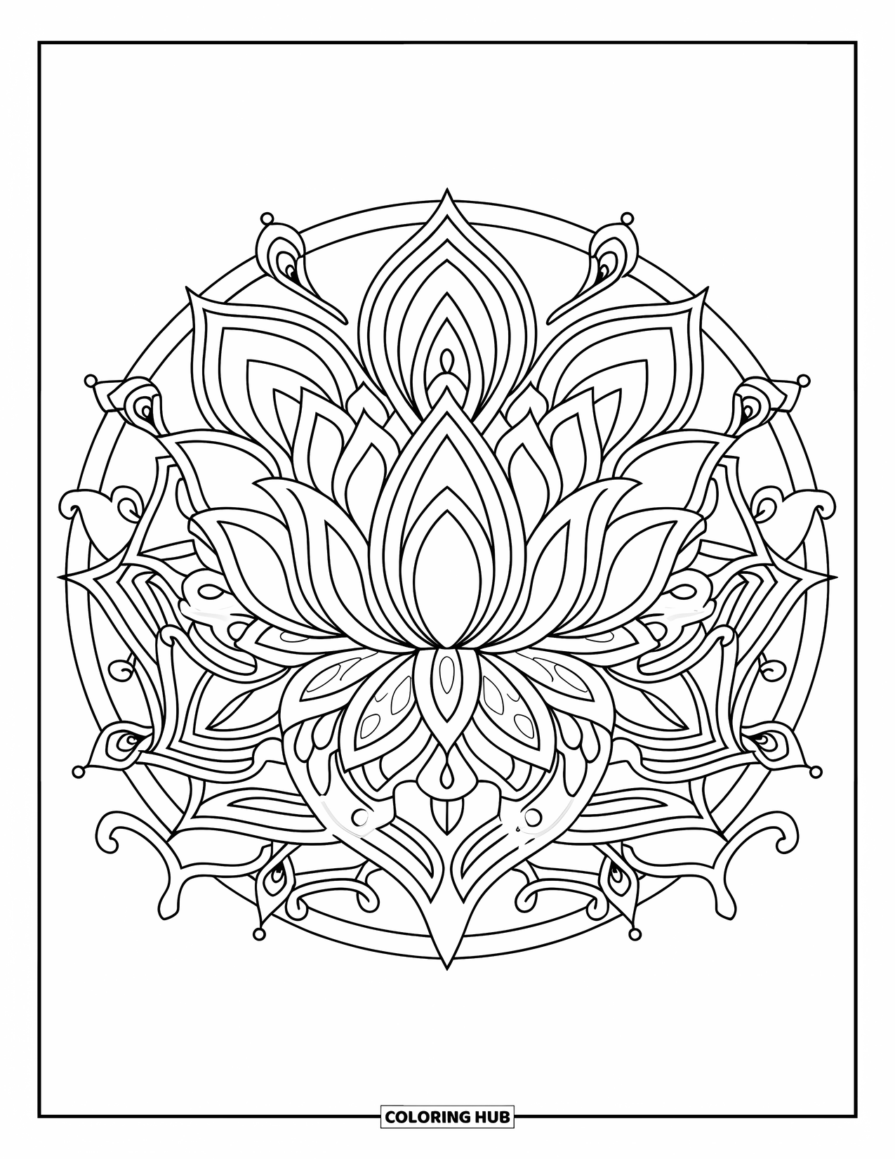 Desenho de mandala de flor para colorir para adultos: Uma mandala de lótus floresce com vinhas e redemoinhos decorativos em seu centro