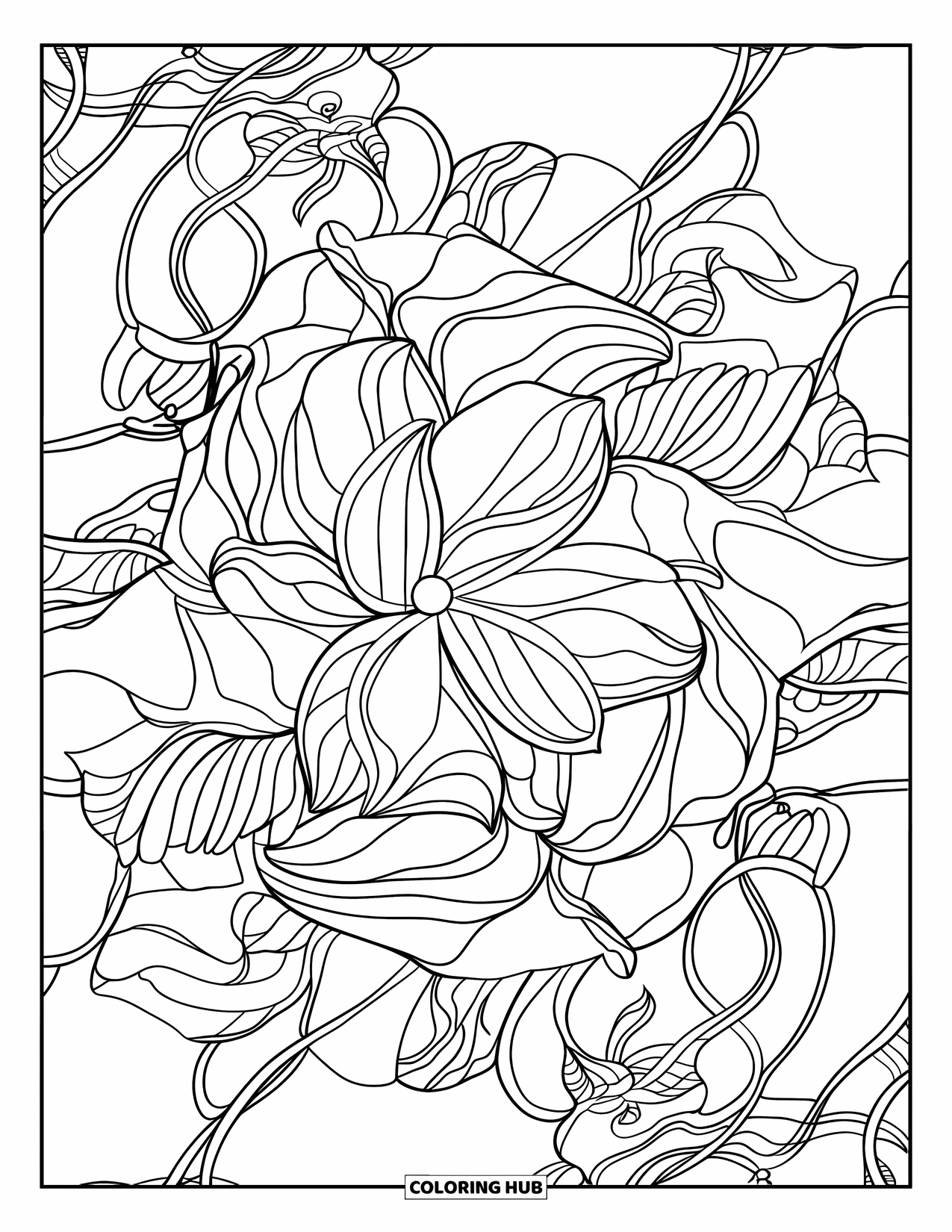 Desenho de mandala de flor para colorir para adultos: Uma mandala de lótus e rosas floresce com vinhas entrelaçadas e contornos limpos