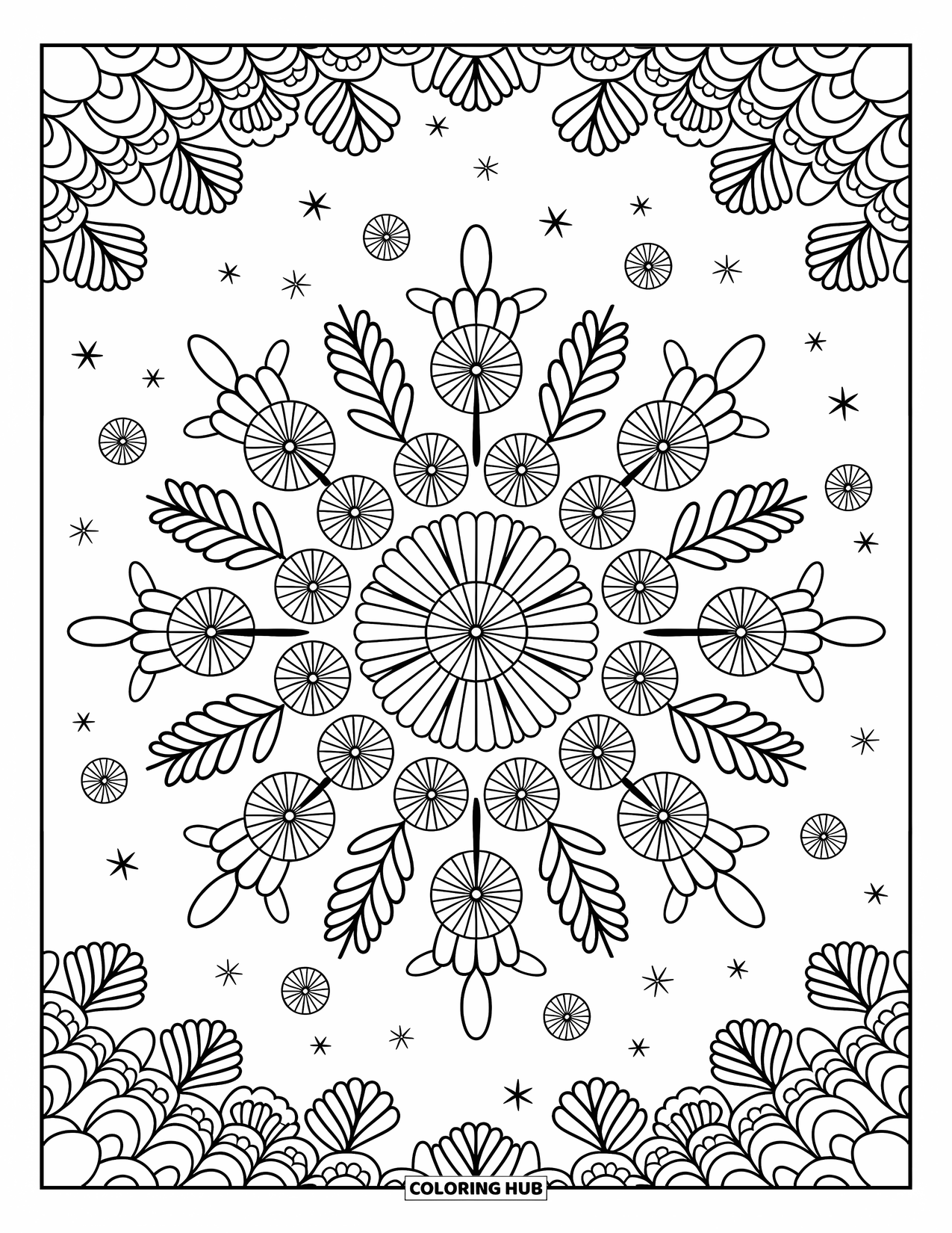 Desenho de Mandala de Flores para Colorir para Adultos: Uma mandala de cravo-de-defunto brilha com confetes de flores, arcos folhosos e espirais divertidas