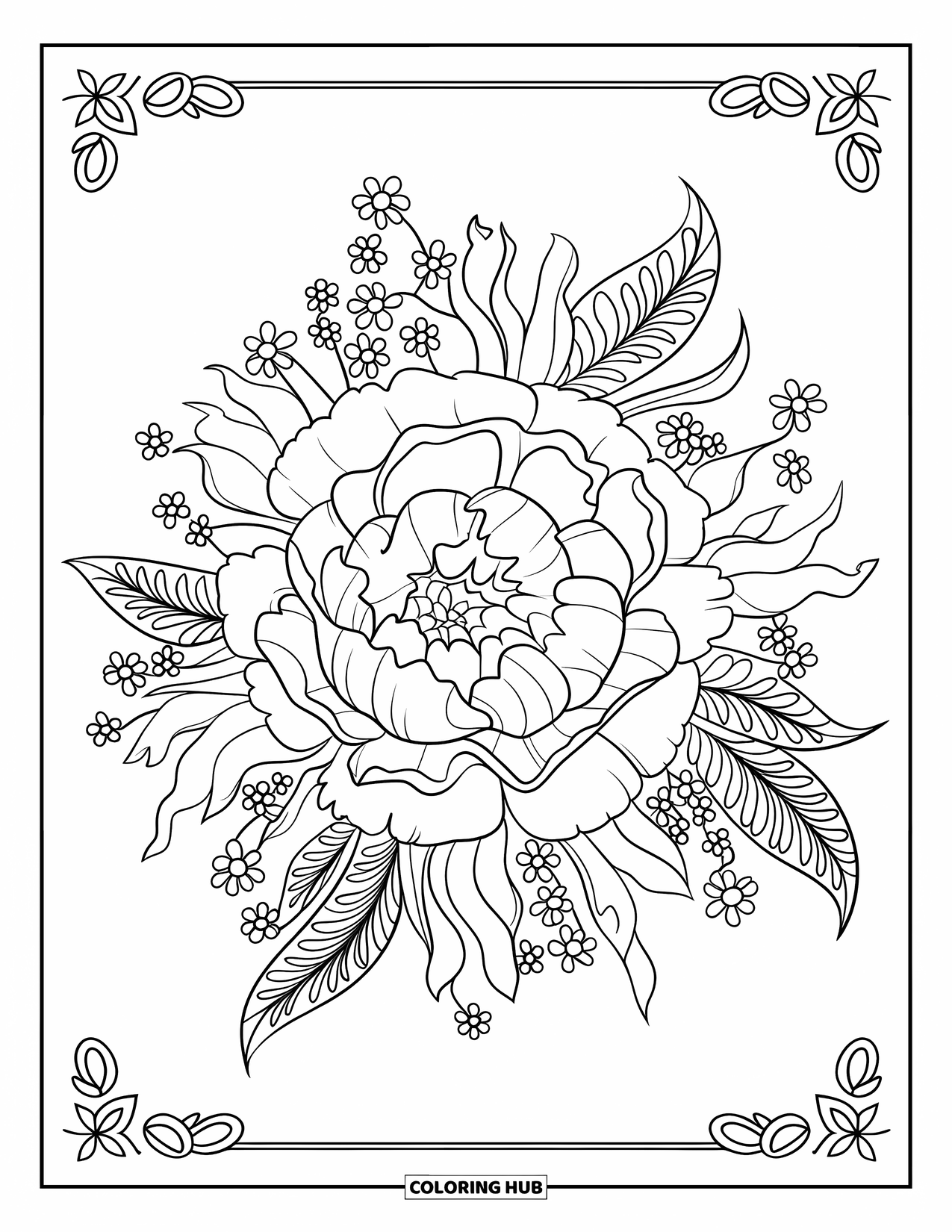 Desenho de mandala de flor para colorir para adultos: Uma mandala de peônia com pétalas onduladas e pequenos detalhes florais para foco tranquilo