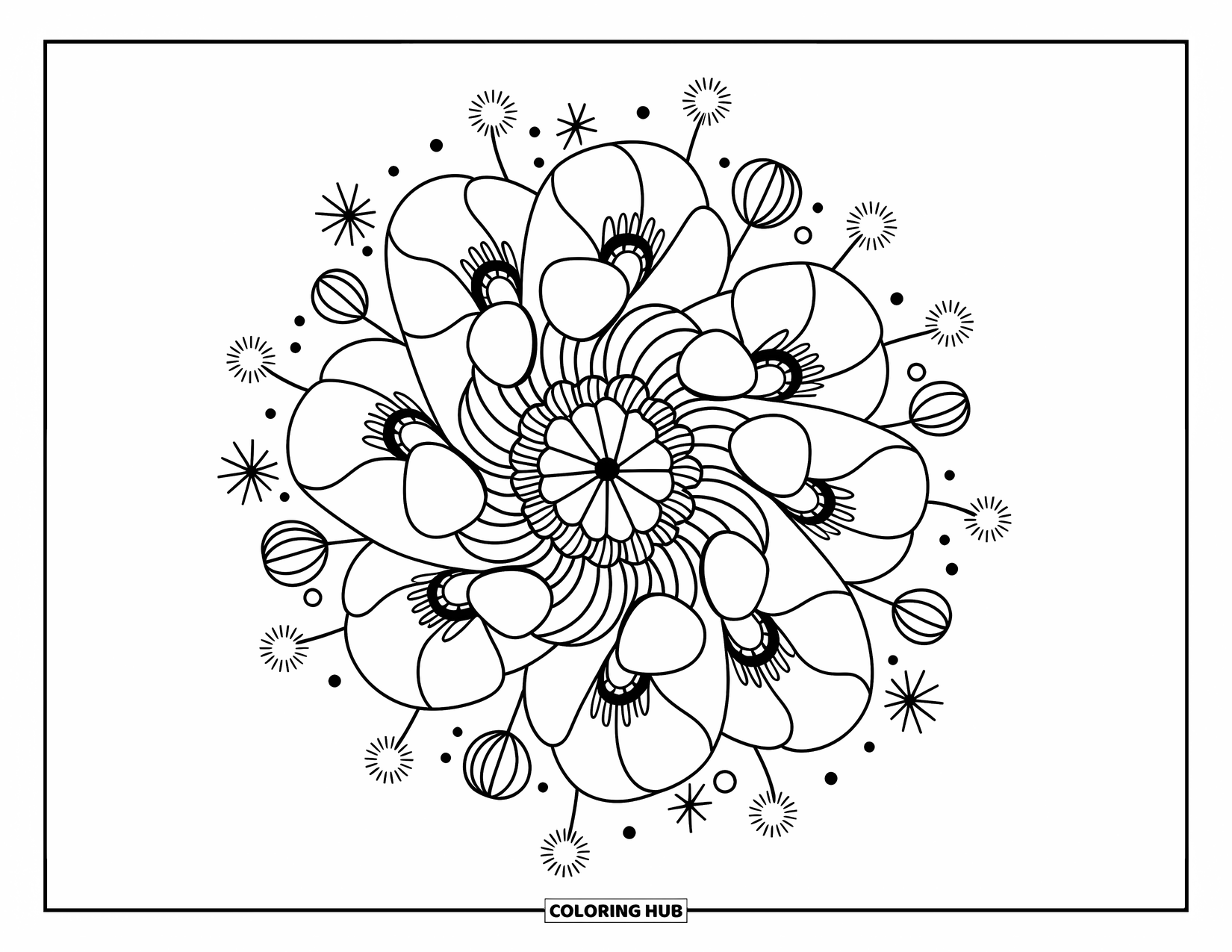 Desenho de Mandala de Flores para Colorir para Adultos: Uma mandala de papoula ondula com pétalas, estrelas, pontos e pequenas cápsulas de sementes