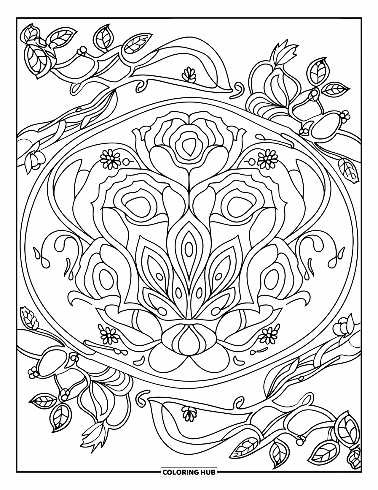 Desenho de mandala de flor para colorir para adultos: Uma mandala de rosa e lótus envolta em vinhas elegantes e detalhes florais