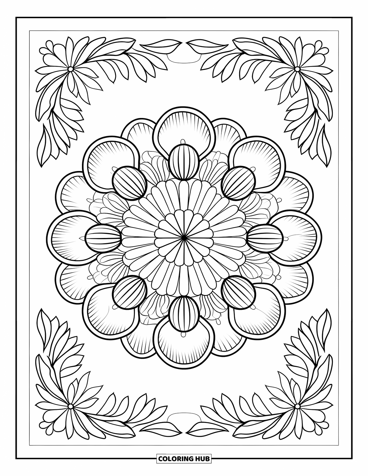 Desenho de mandala de flor para colorir para adultos: Uma mandala redonda de calêndula com pétalas texturizadas e moldura botânica suave