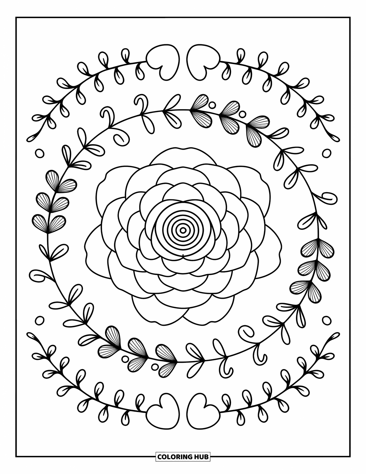 Desenho de mandala de flor para colorir para adultos: Uma mandala arredondada de camélia é cercada por corações, leques de folhas e floreios aconchegantes