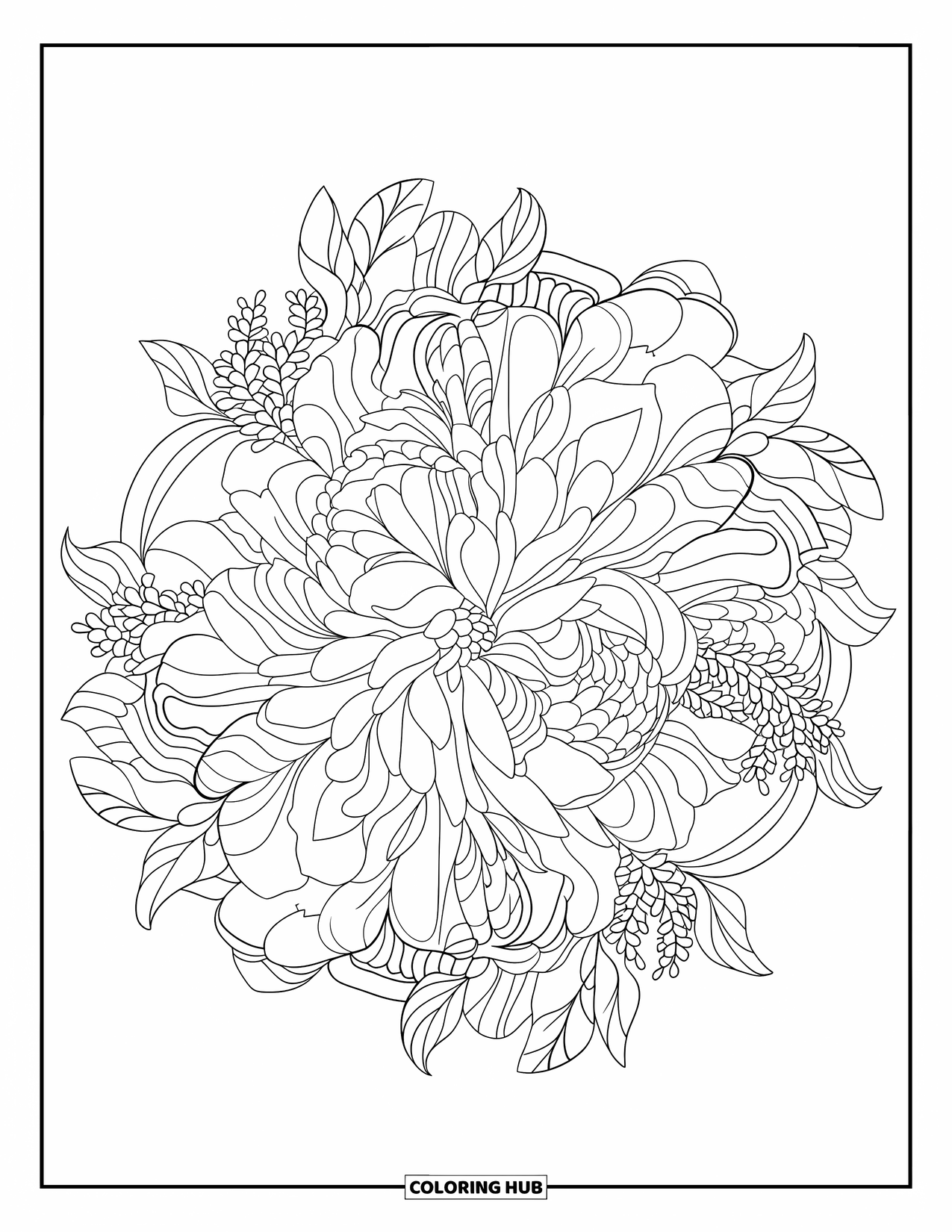 Desenho de mandala de flor para colorir para adultos: Uma mandala de peônia suave com pétalas arredondadas, folhas e pequenas formas florais