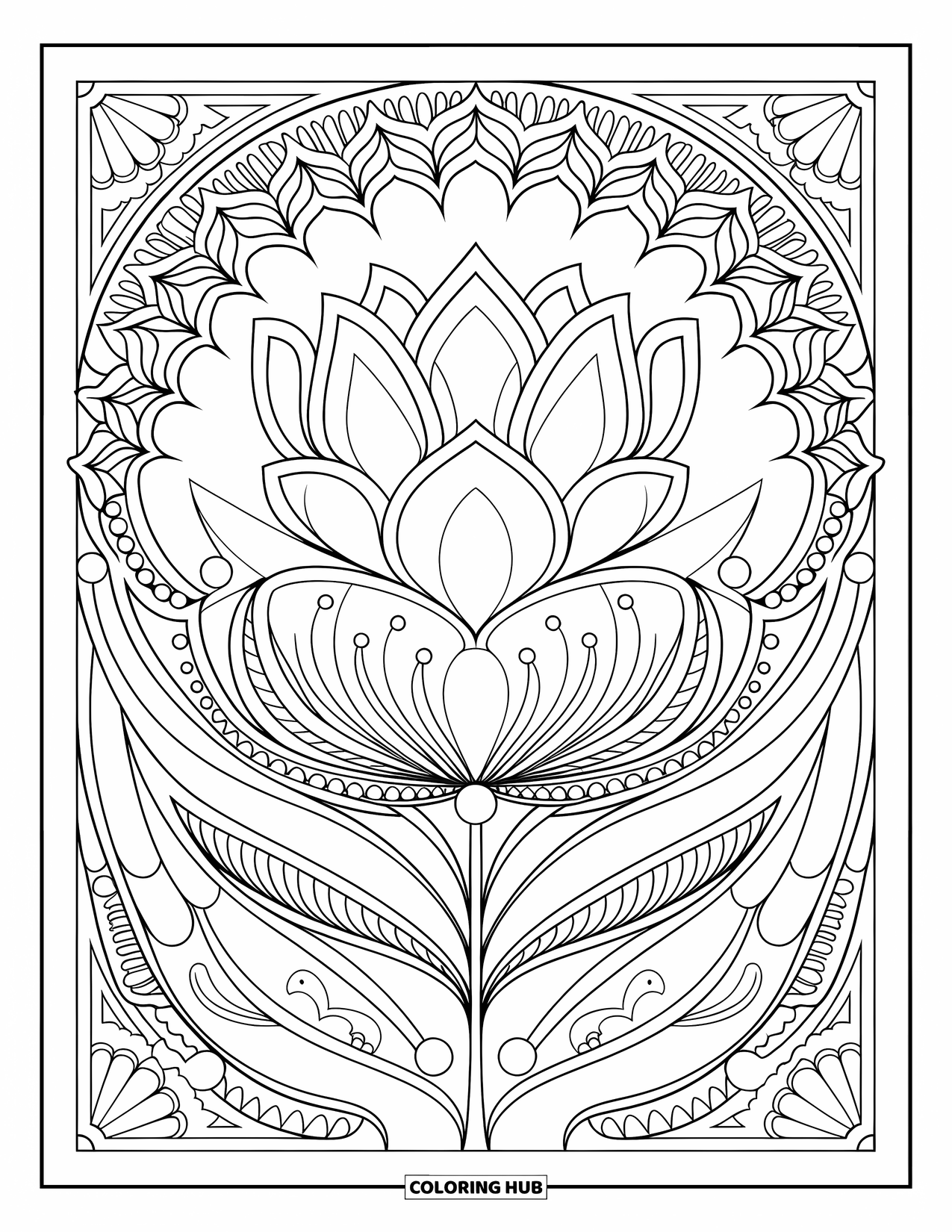Desenho de mandala de flor para colorir para adultos: Uma mandala de lótus em espiral flui com folhas e floreios graciosos
