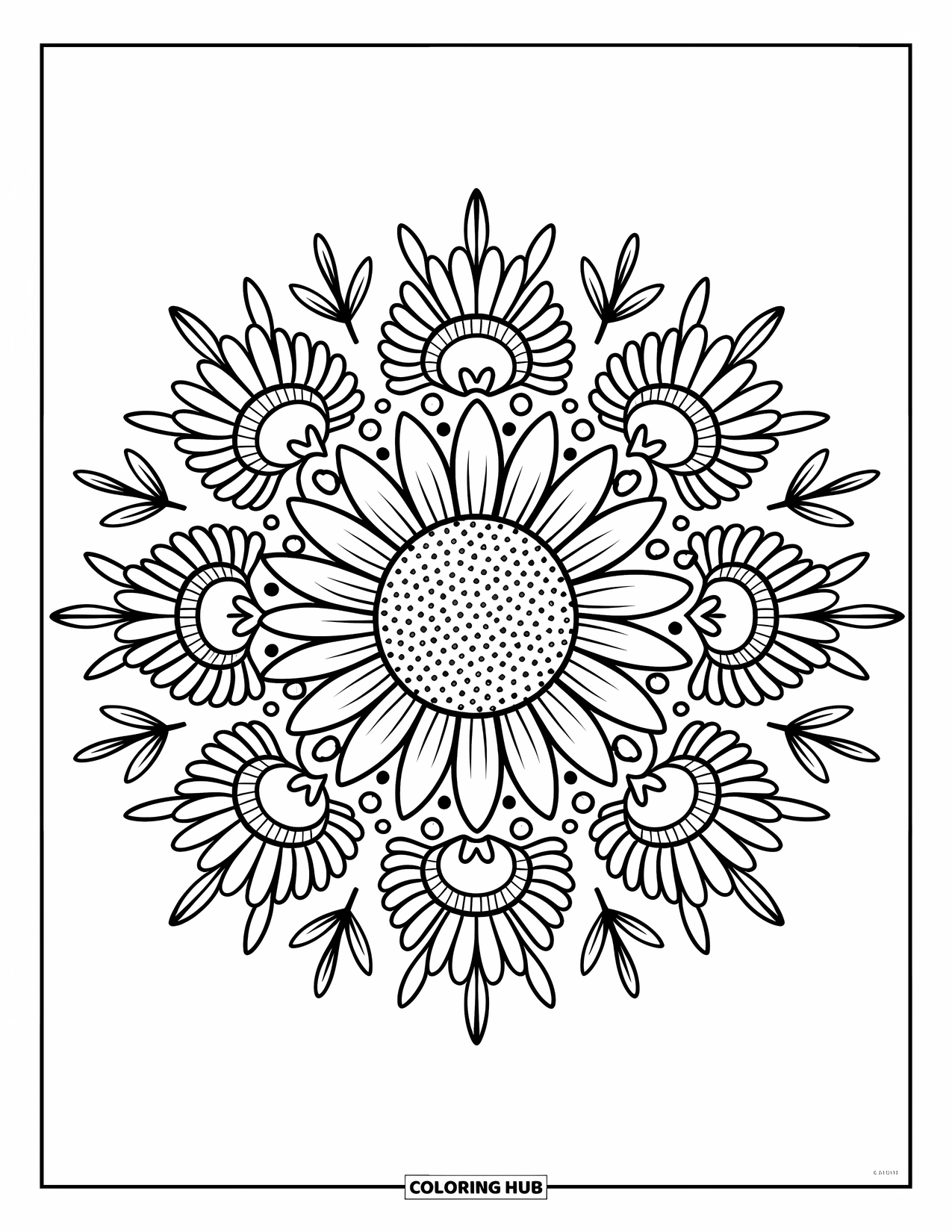 Desenho de Mandala de Flores para Colorir para Adultos: Uma mandala de girassol brilha com folhas aconchegantes, laços e pequenos corações doces