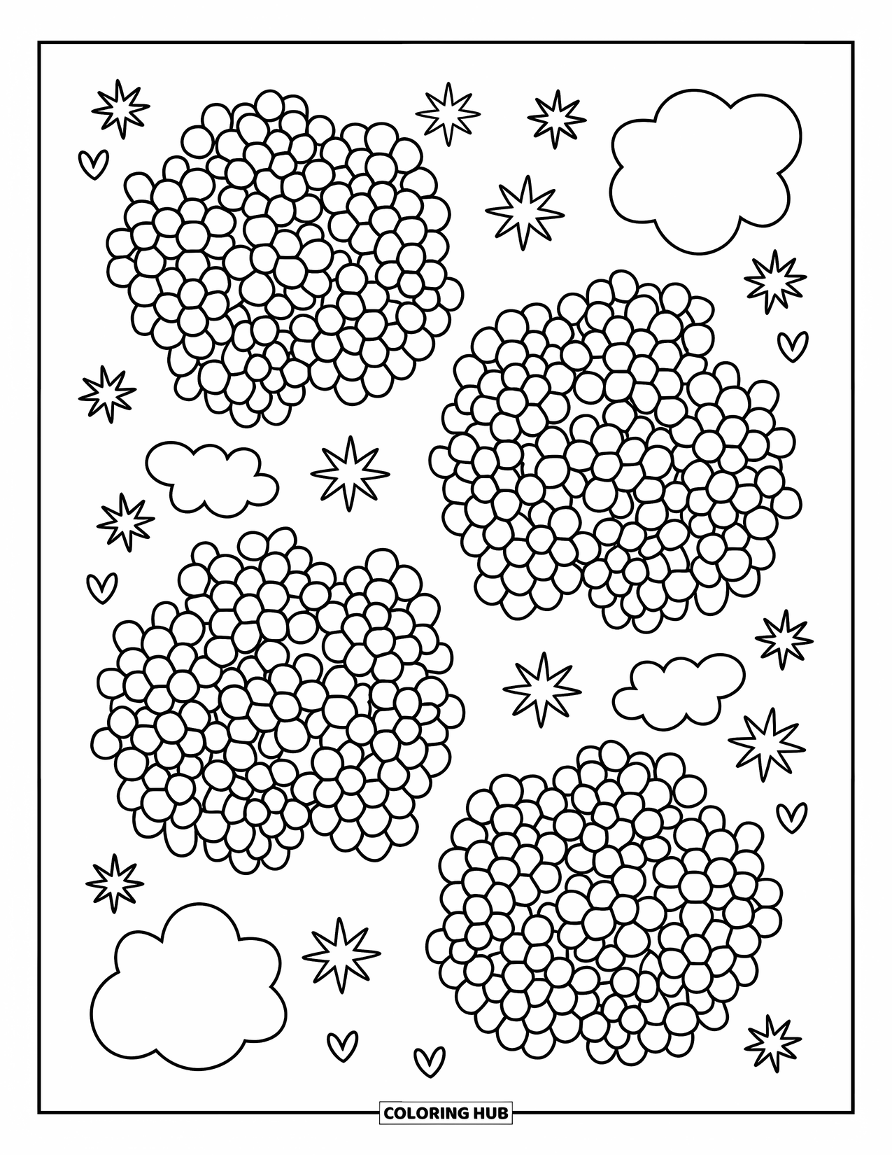 Desenho de Mandala de Flores para Colorir para Adultos: Flores de hortênsia borbulhantes se misturam com nuvens, pétalas e formas de estrelas suaves