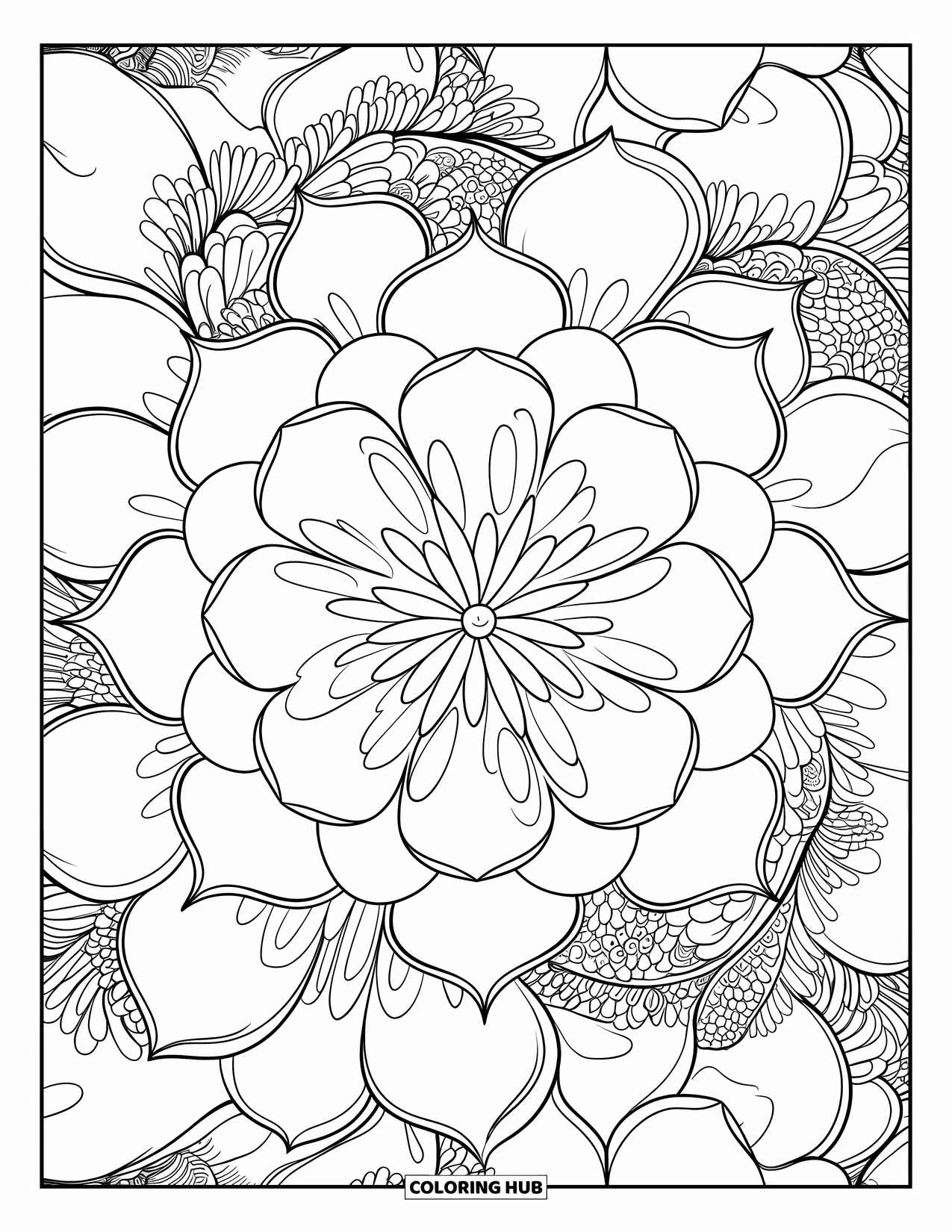 Desenho de mandala de flor para colorir para adultos: Pétalas de camélia florescem em uma mandala calma cheia de repetições florais suaves