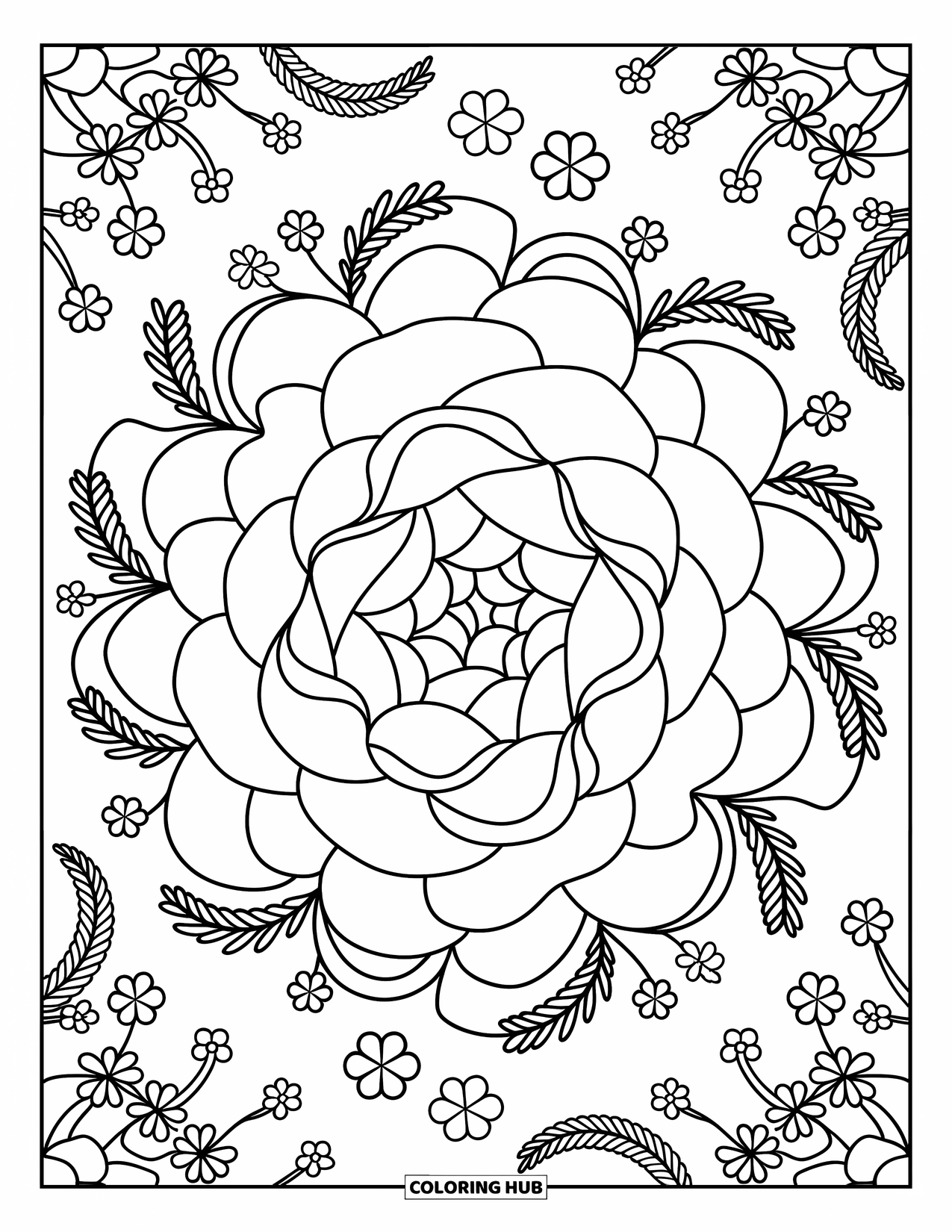 Desenho de mandala de flor para colorir para adultos: Peônias curvilíneas se entrelaçam em círculos com pequenos laços e toques de renda floral