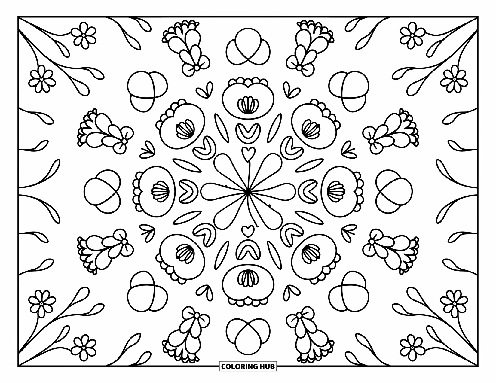 Desenho de Mandala de Flores para Colorir para Adultos: Narcisos dançam em anéis de coração com notas musicais e vinhas giratórias