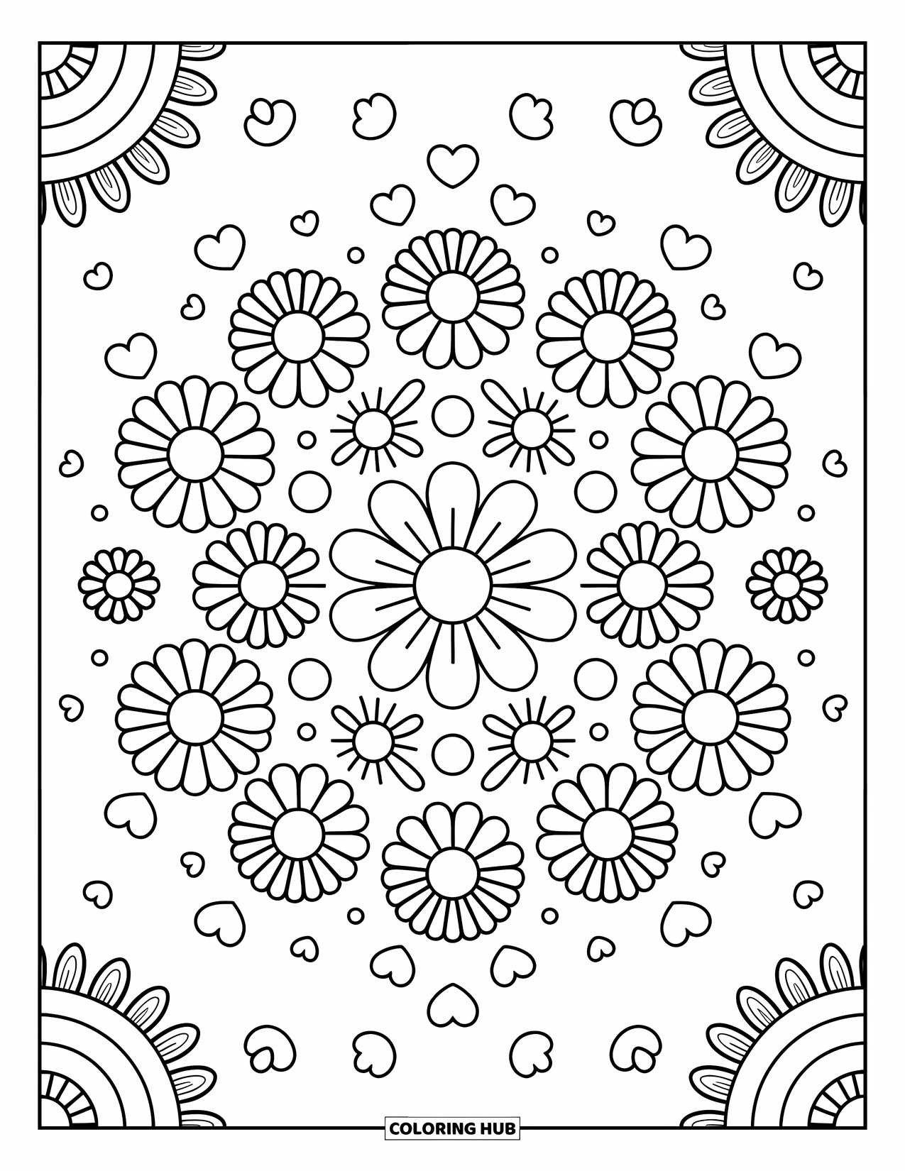 Desenho de Mandala de Flores para Colorir para Adultos: Margaridas circulam juntas com pontos borbulhantes, corações e espirais
