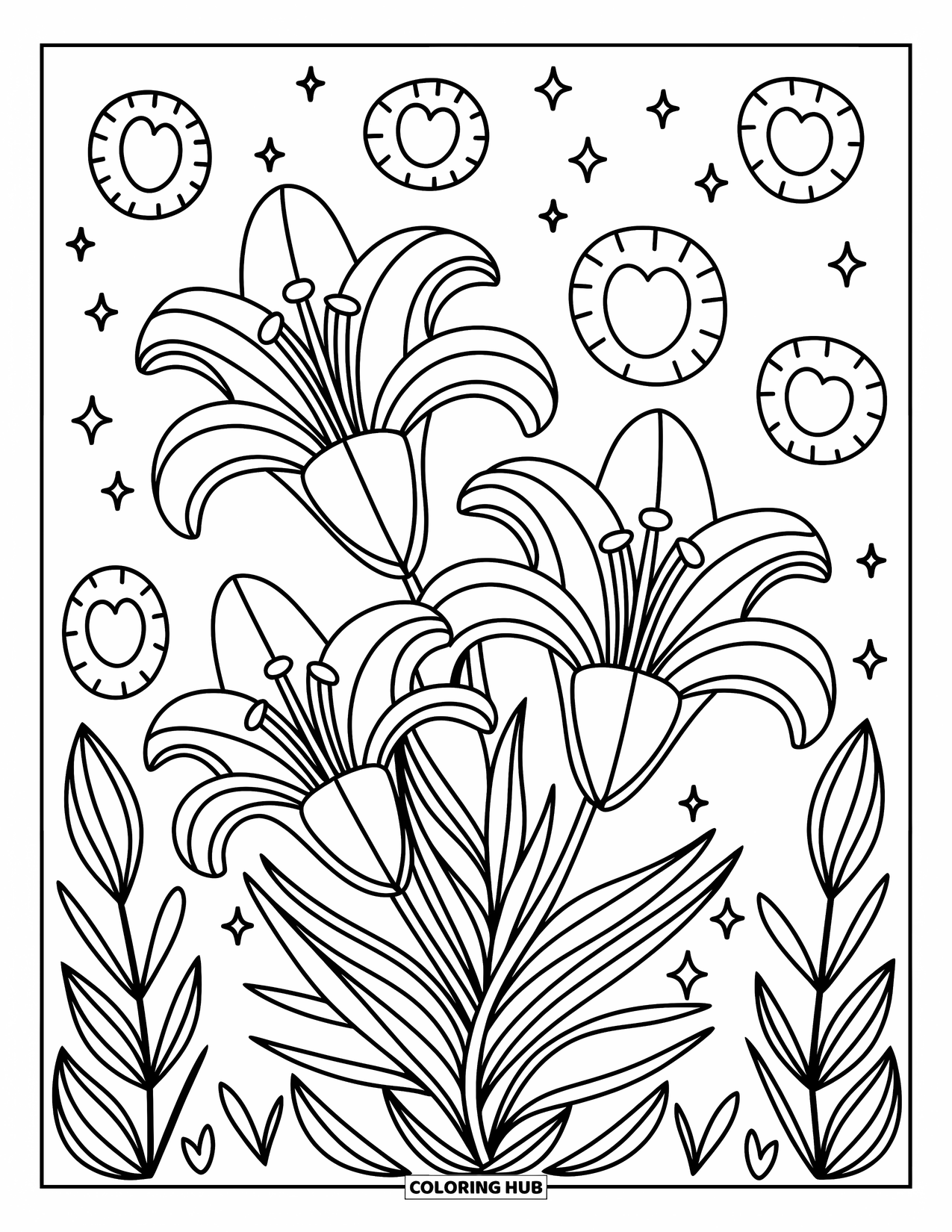 Desenho de Mandala de Flores para Colorir para Adultos: Lírios elegantes se desdobram em camadas com estrelas, corações e pétalas arredondadas