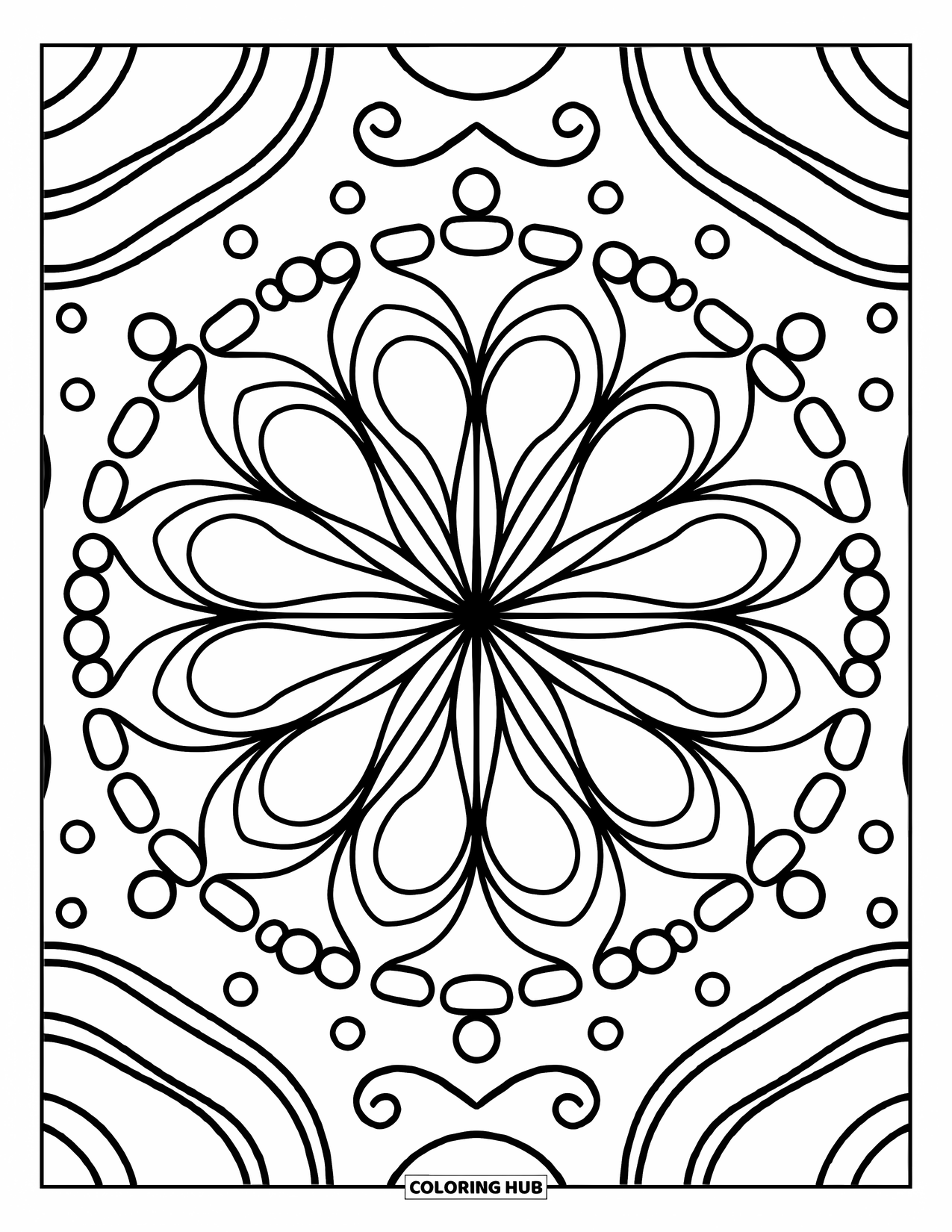 Desenho de Mandala de Flores para Colorir para Adultos: Pétalas de lótus graciosas se expandem em anéis com gotas divertidas e ondas fluidas
