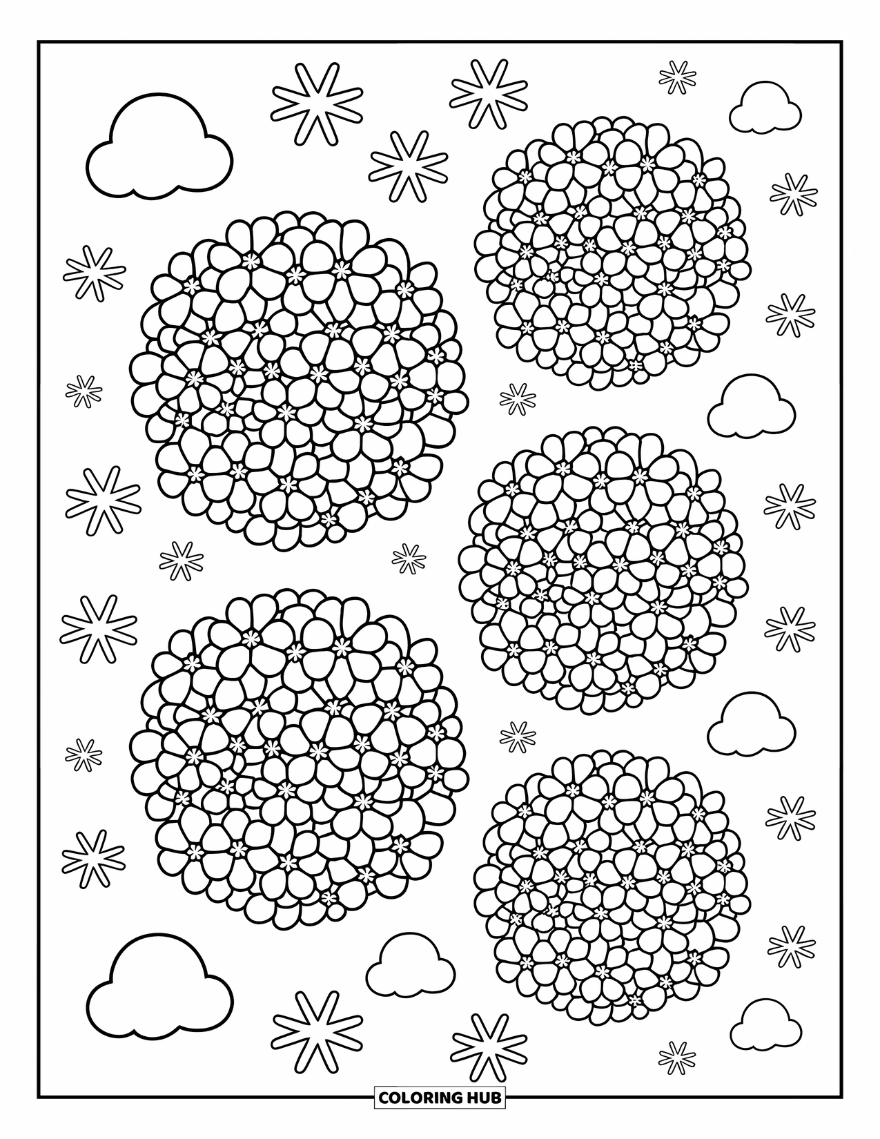 Desenho de Mandala de Flores para Colorir para Adultos: Flores de hortênsia giram em camadas circulares com nuvens fofas e pequenos rabiscos florais