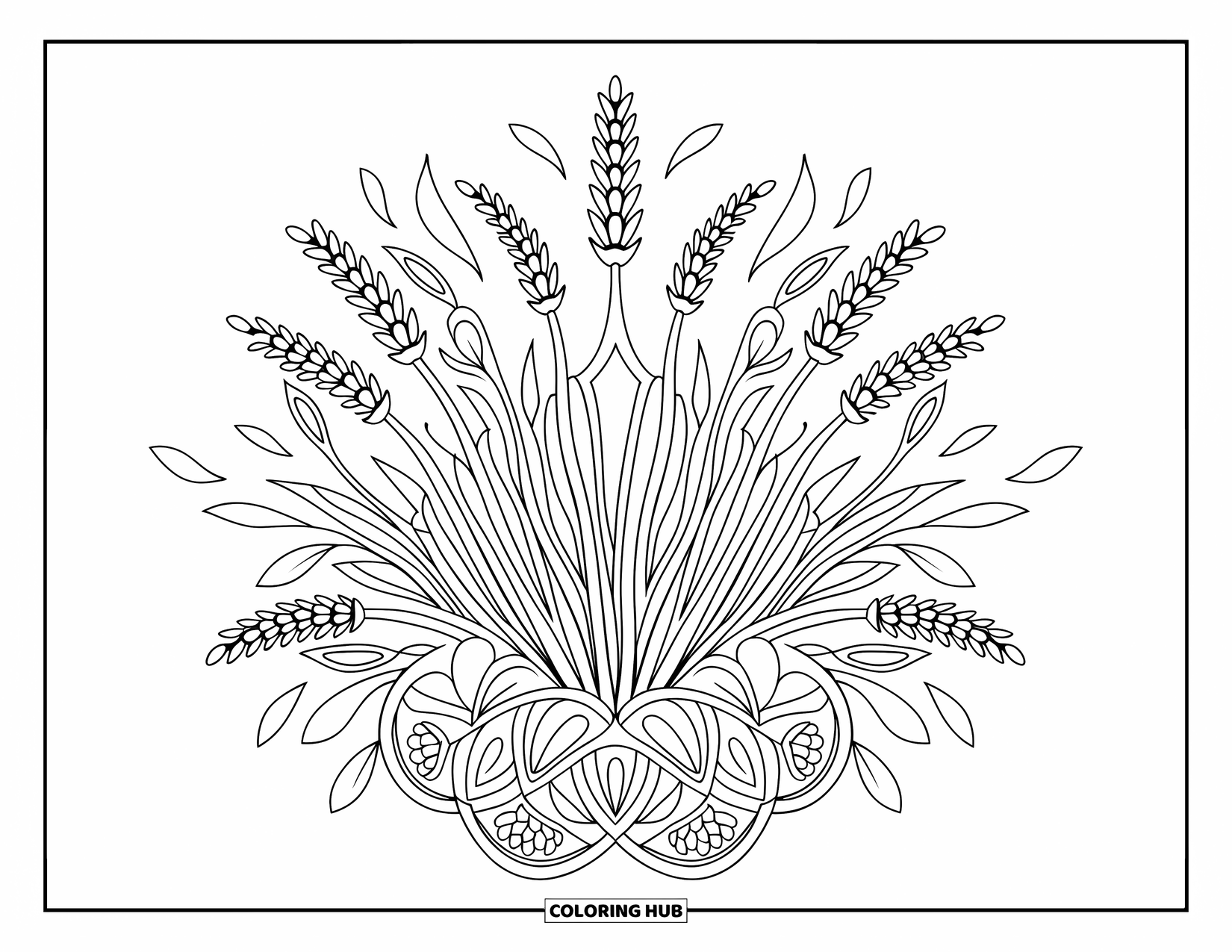 Desenho de mandala de flor para colorir para adultos: Hastes de lavanda giram em uma mandala calmante com folhas macias e simetria suave
