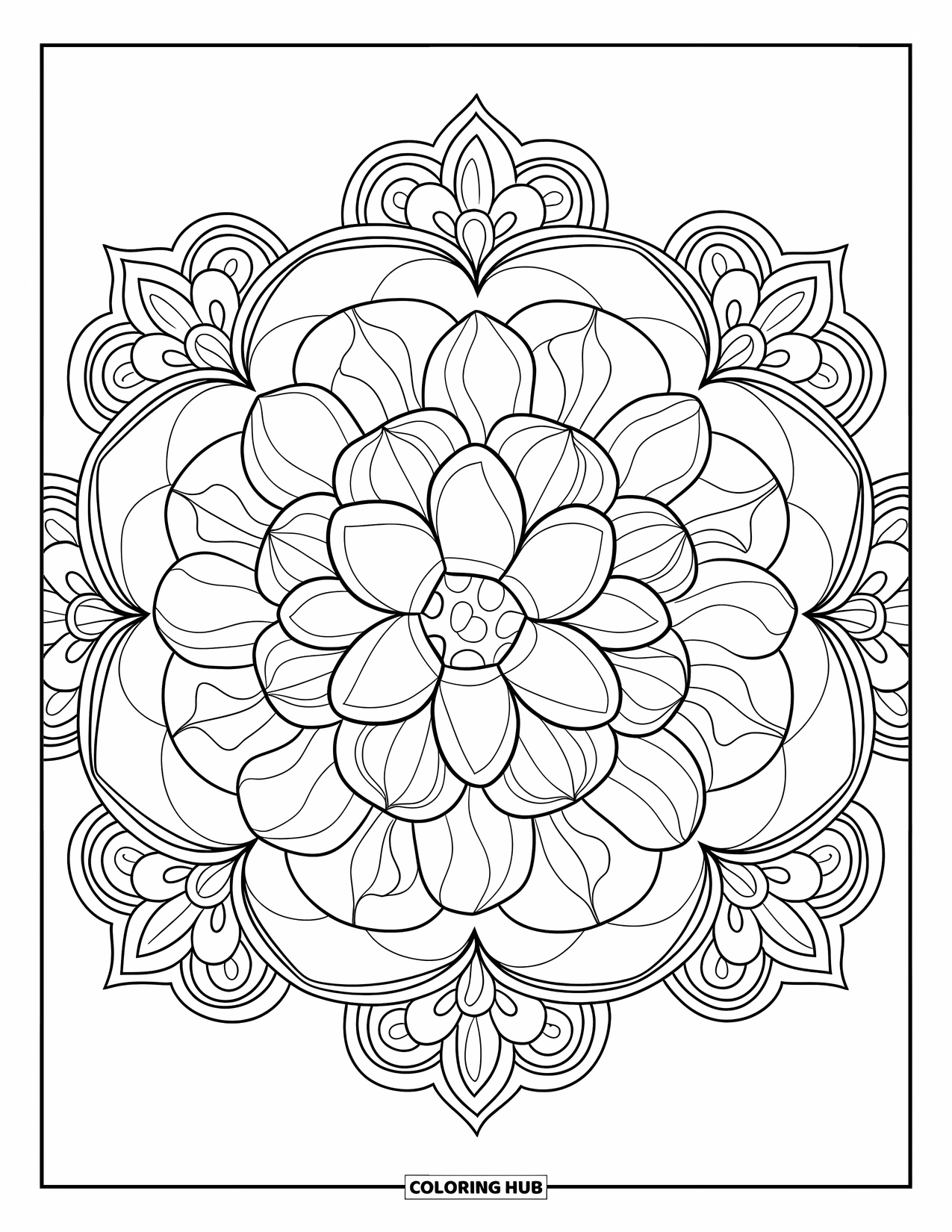 Desenho de mandala de flor para colorir para adultos: Camélias em camadas formam uma mandala refinada com simetria limpa e detalhes florais