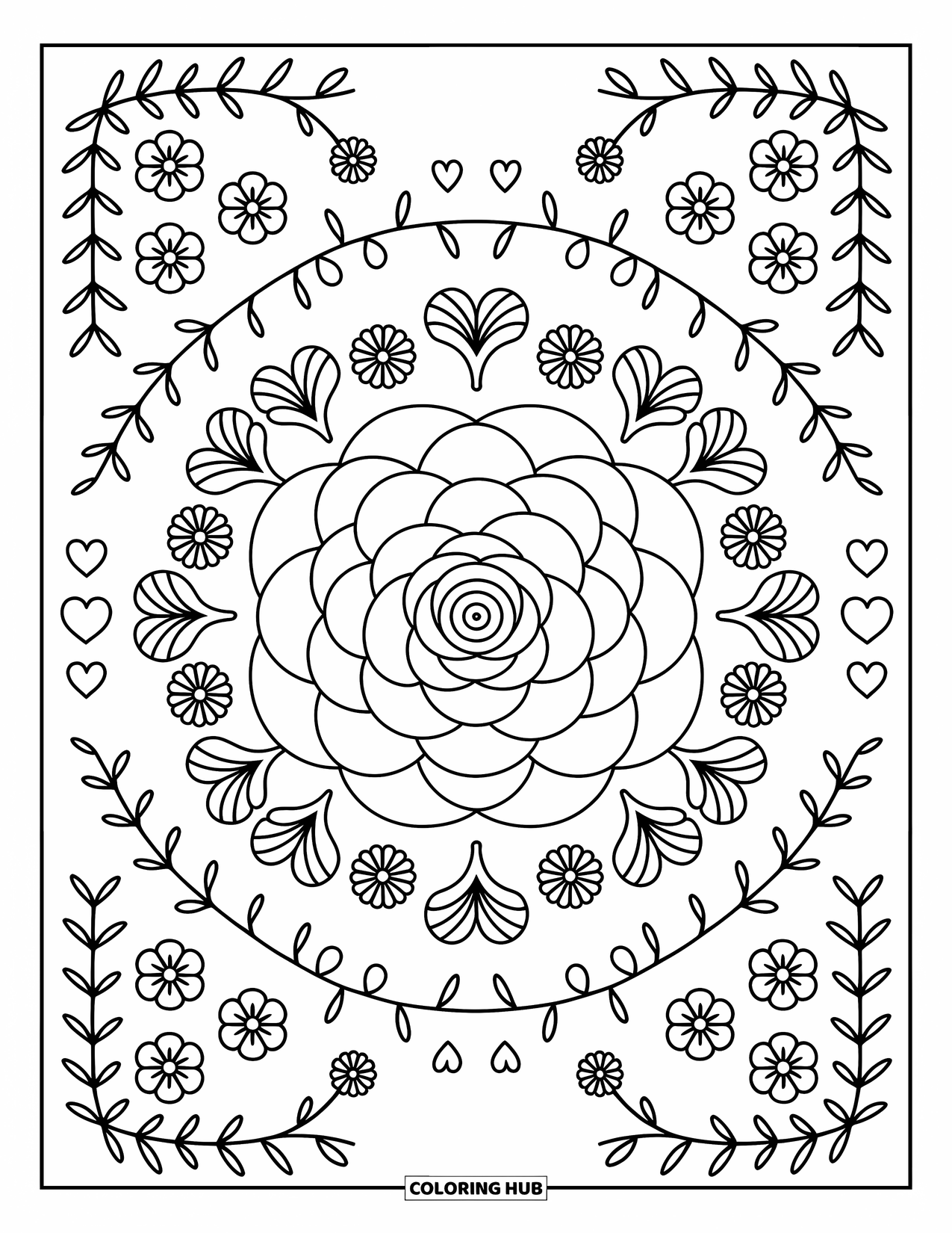 Desenho de Mandala de Flores para Colorir para Adultos: Camélias em camadas brilham no centro, emolduradas por corações e delicadas espirais de vinhas