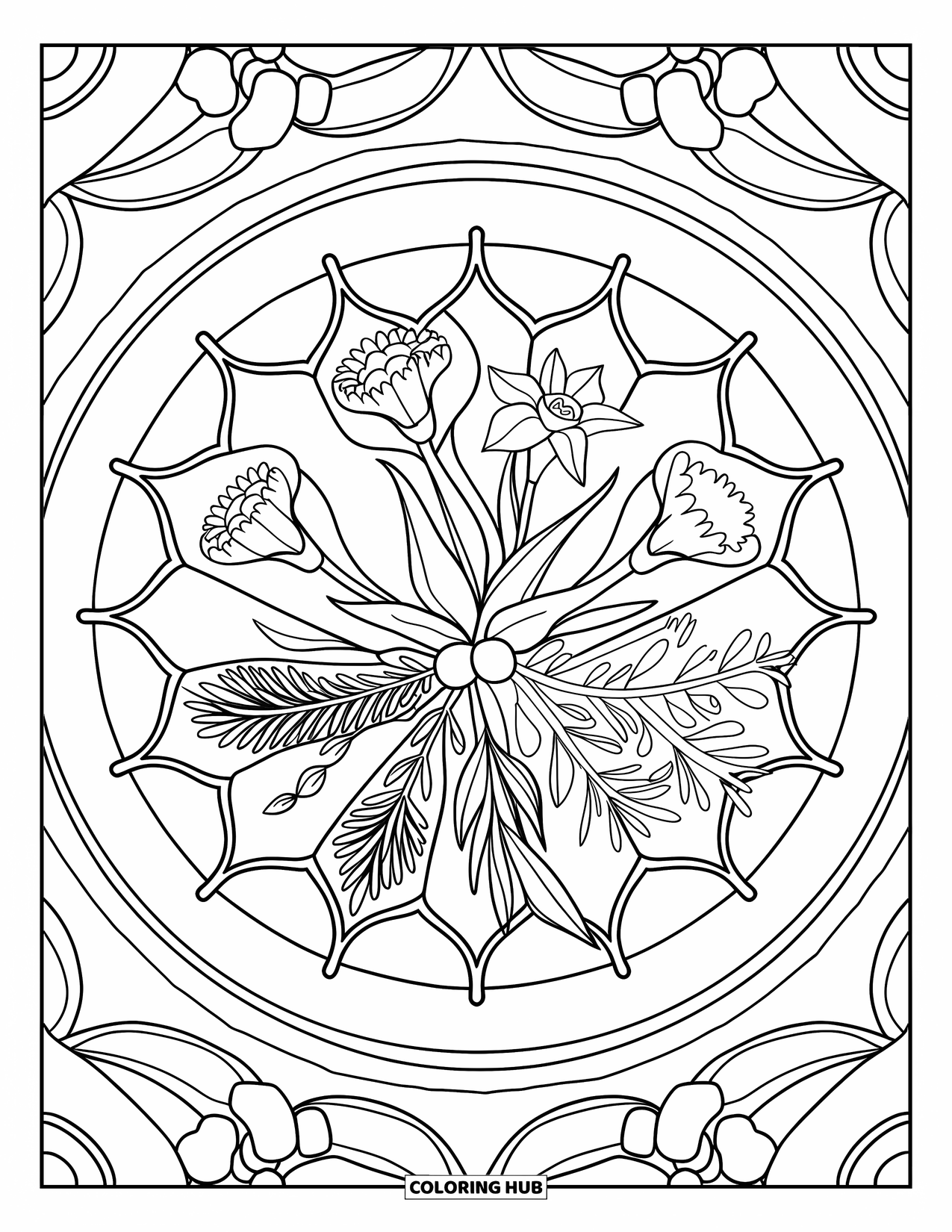 Desenho de mandala de flor para colorir para adultos: Narcisos e flores silvestres em camadas giram com folhas em uma mandala equilibrada