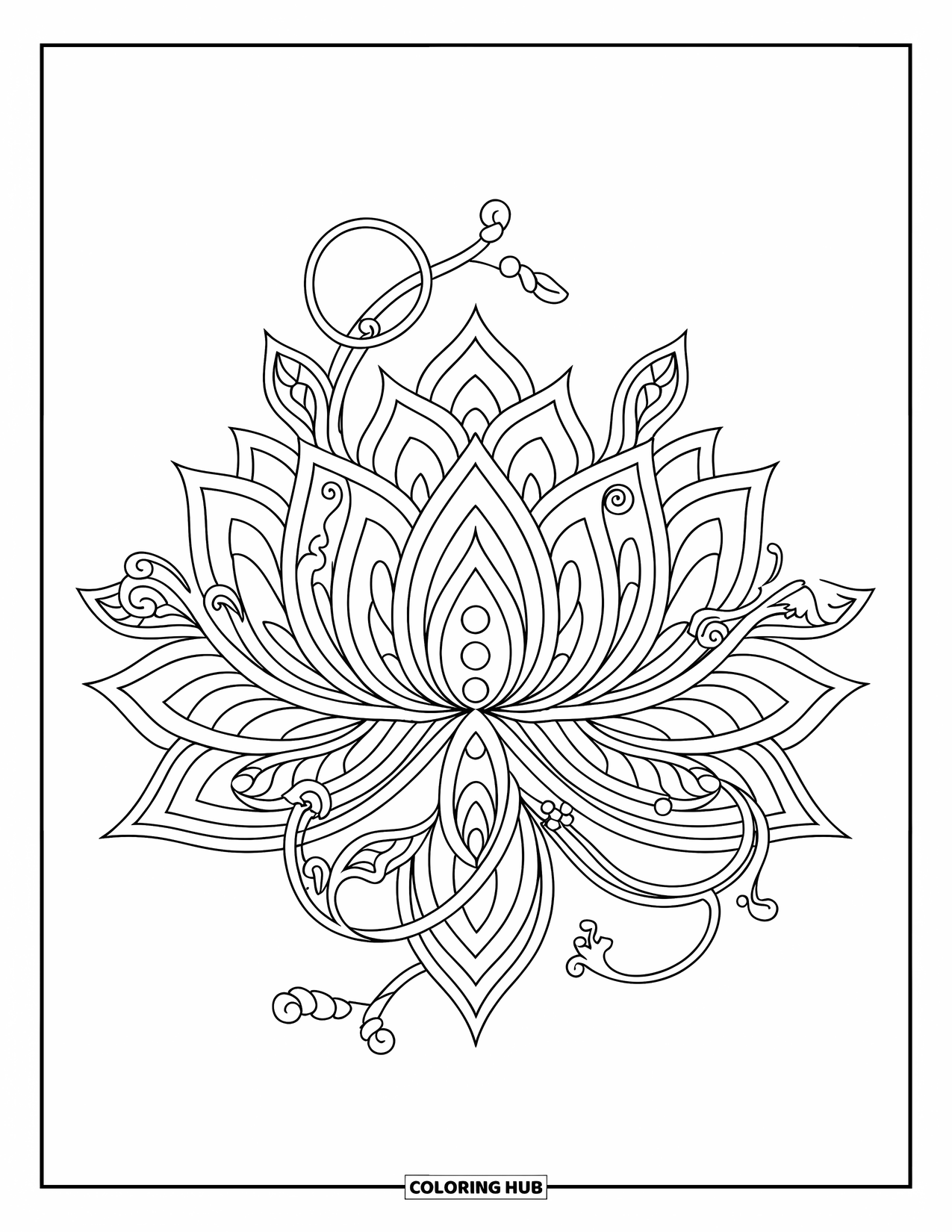 Desenho de mandala de flor para colorir para adultos: Pétalas de lótus em camadas e vinhas encaracoladas moldam uma mandala floral pacífica