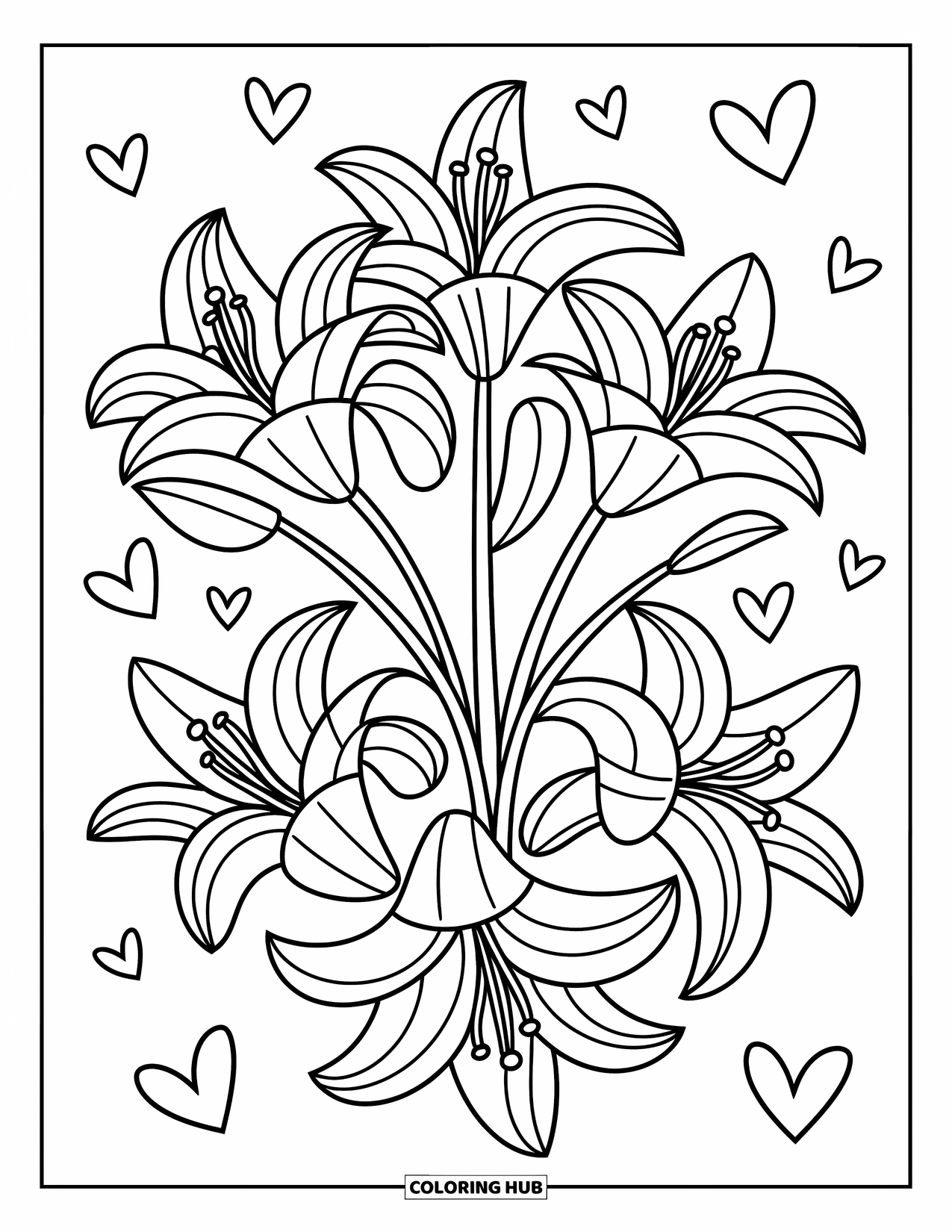 Desenho de Mandala de Flores para Colorir para Adultos: Lírios florescem em camadas semelhantes a estrelas com corações flutuantes e ovais divertidos