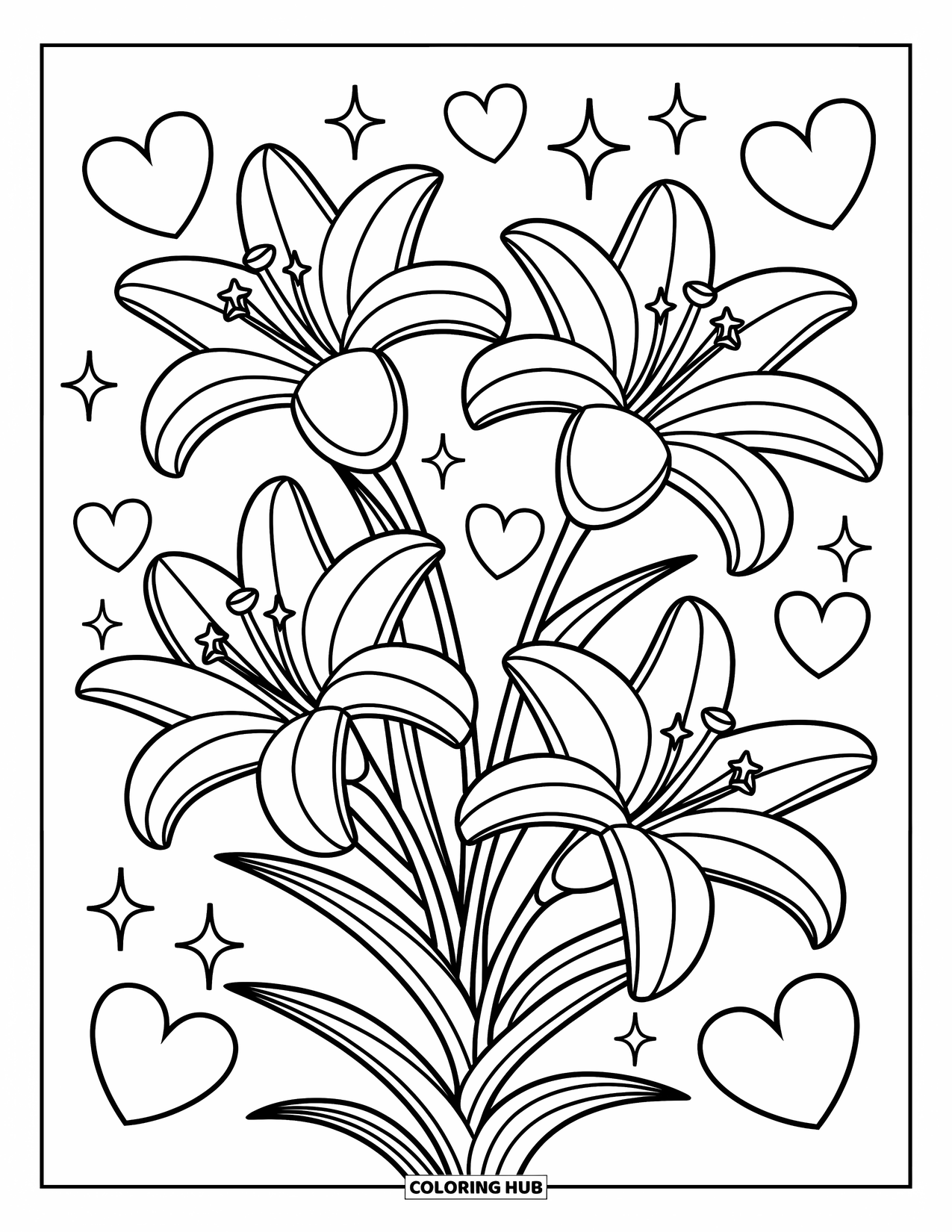Desenho de Mandala de Flores para Colorir para Adultos: Lírios brilham em padrões de estrelas com brilhos, corações e ovais flutuantes