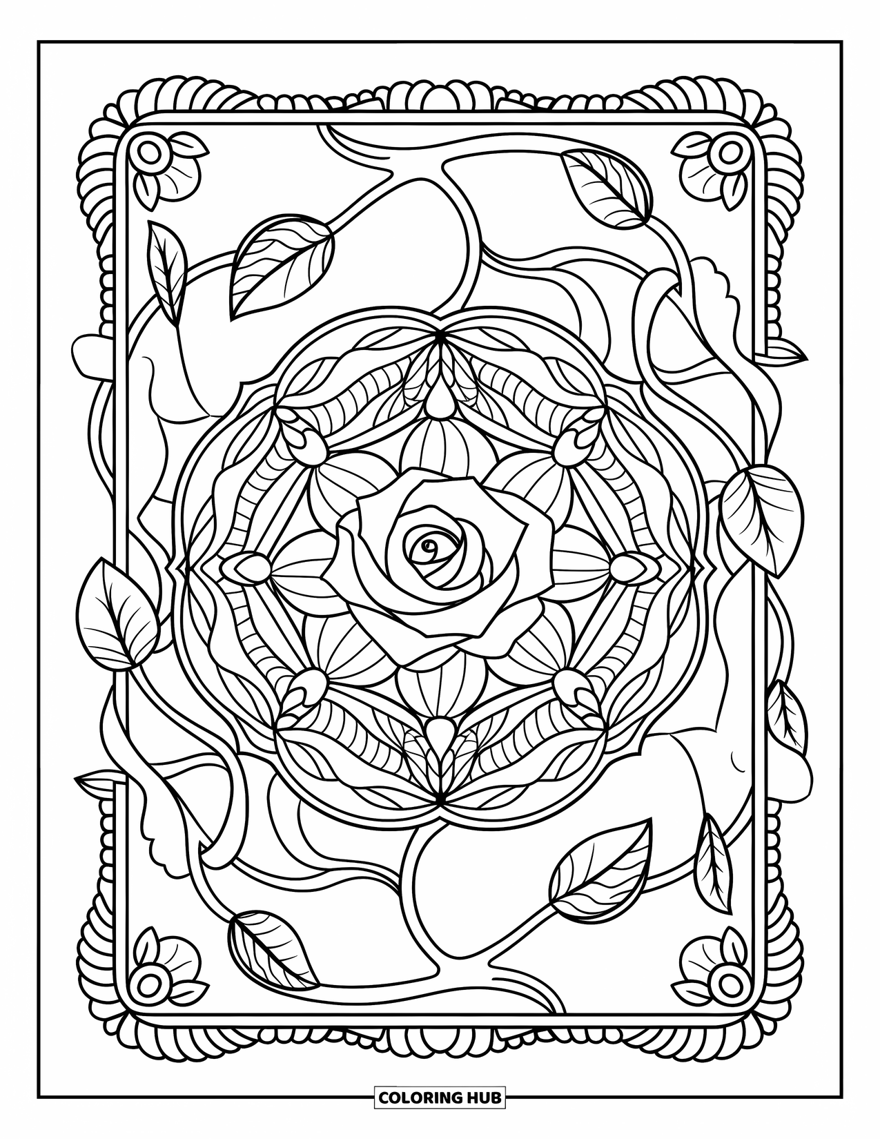 Desenho de mandala de flor para colorir para adultos: Pétalas de lótus e rosa giram com vinhas em um layout de mandala tranquilo
