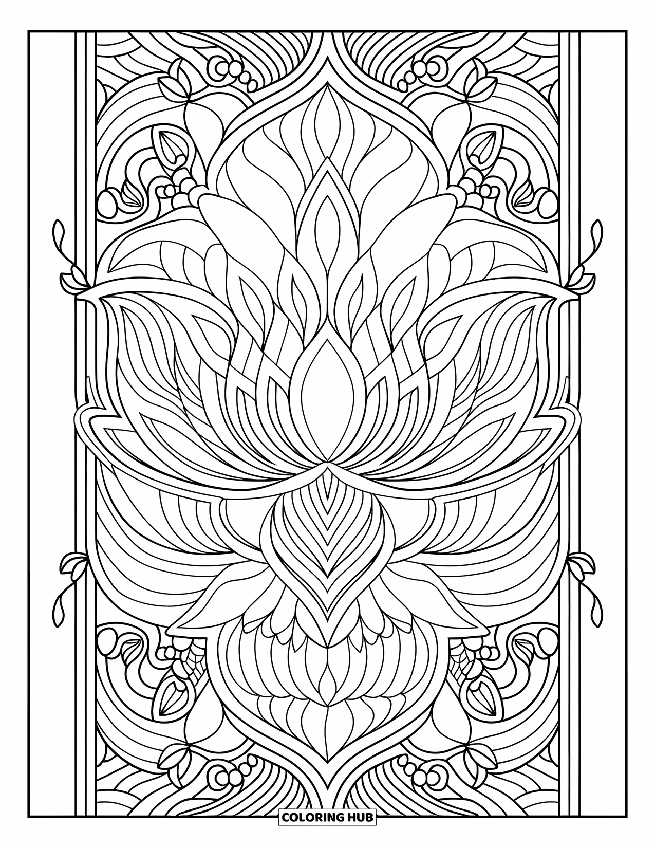 Desenho de mandala de flor para colorir para adultos: Pétalas de lótus e vinhas giram para fora em uma mandala detalhada e elegante